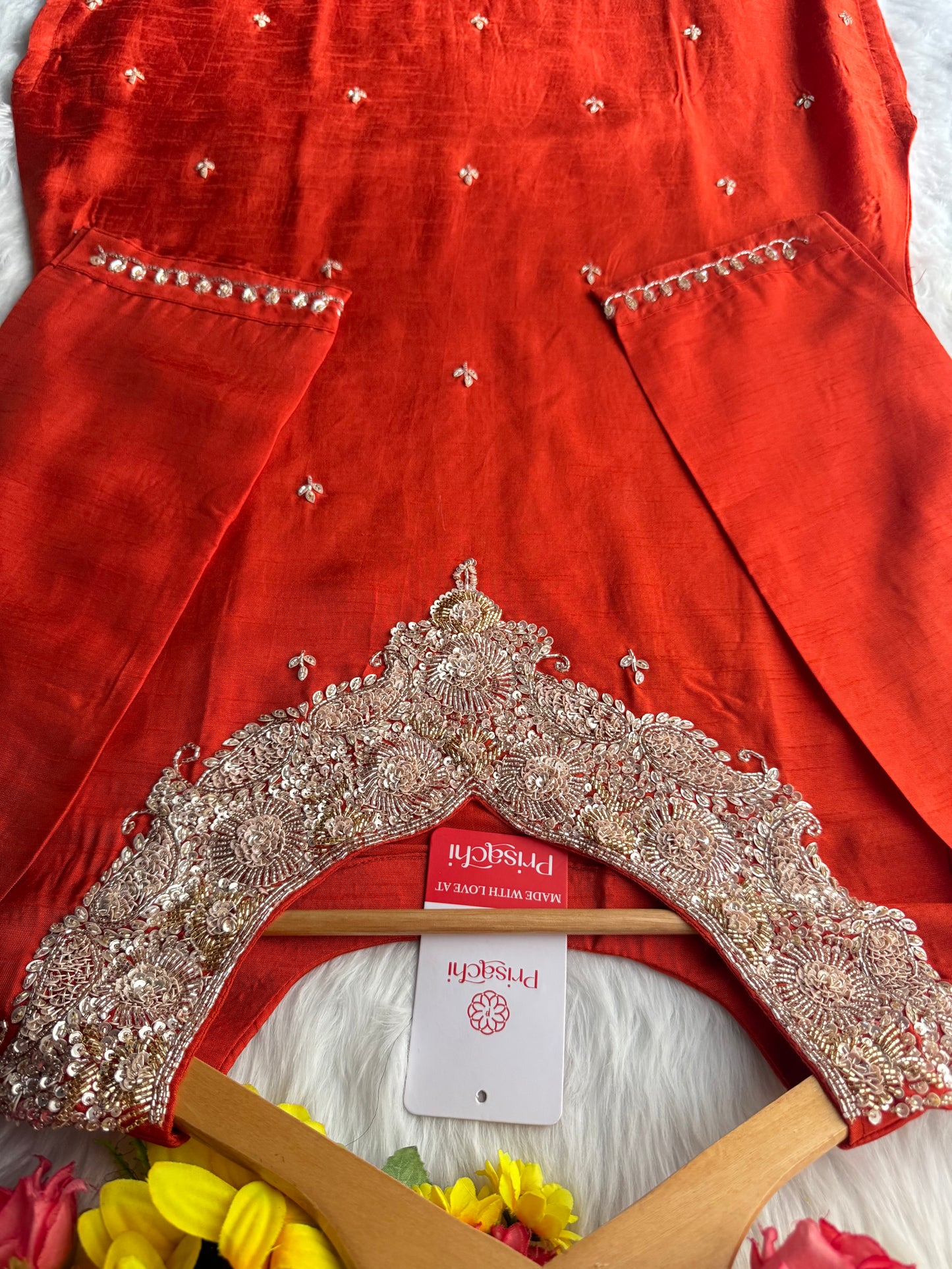 Red Embroidered kurta Pant with dupatta - Prisachi Official