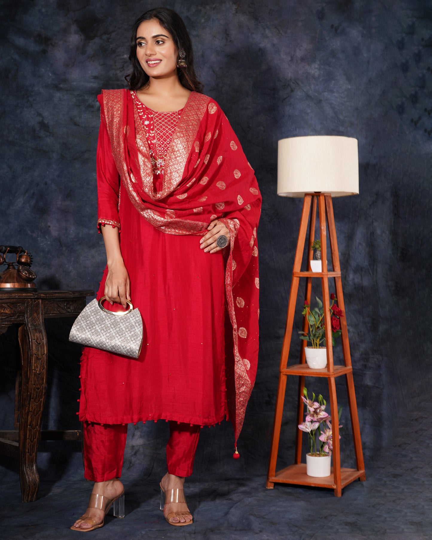Red Embroidered kurta set with dupatta