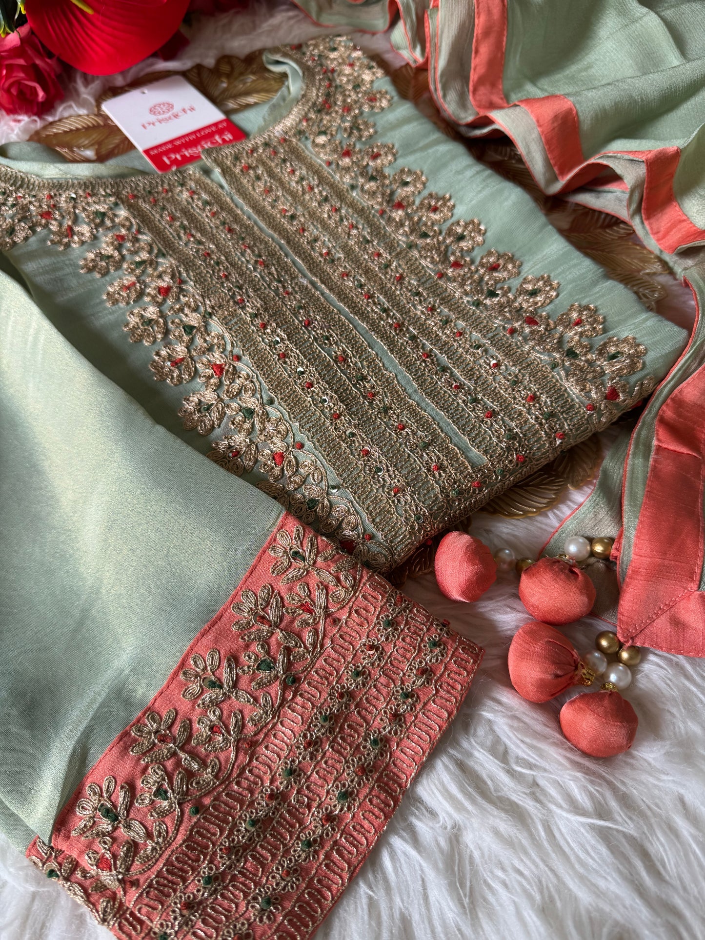 Tissue silk Embroidered kurta set with dupatta