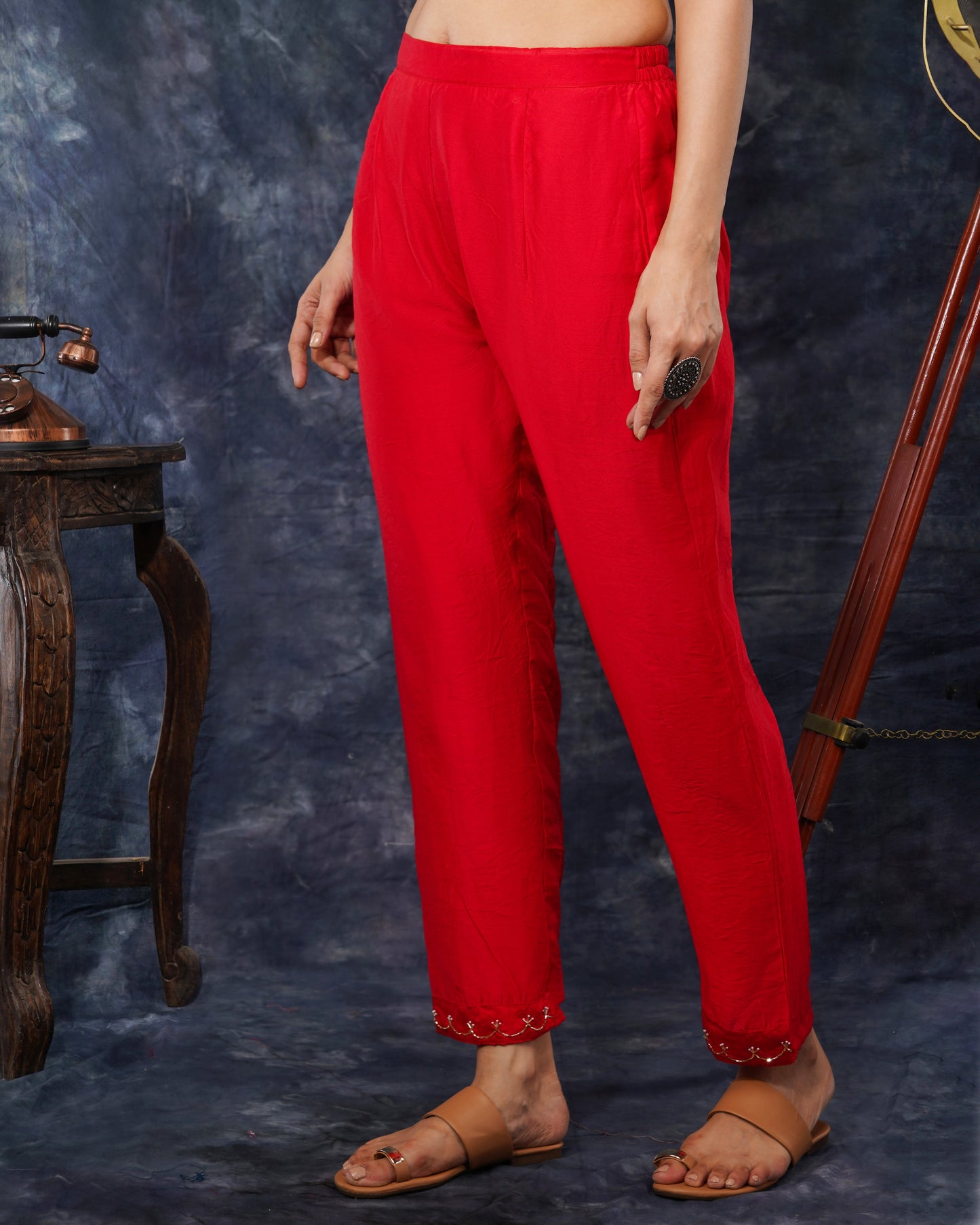 Red embroidered kurta bottom with dupatta with hand work - Prisachi Official