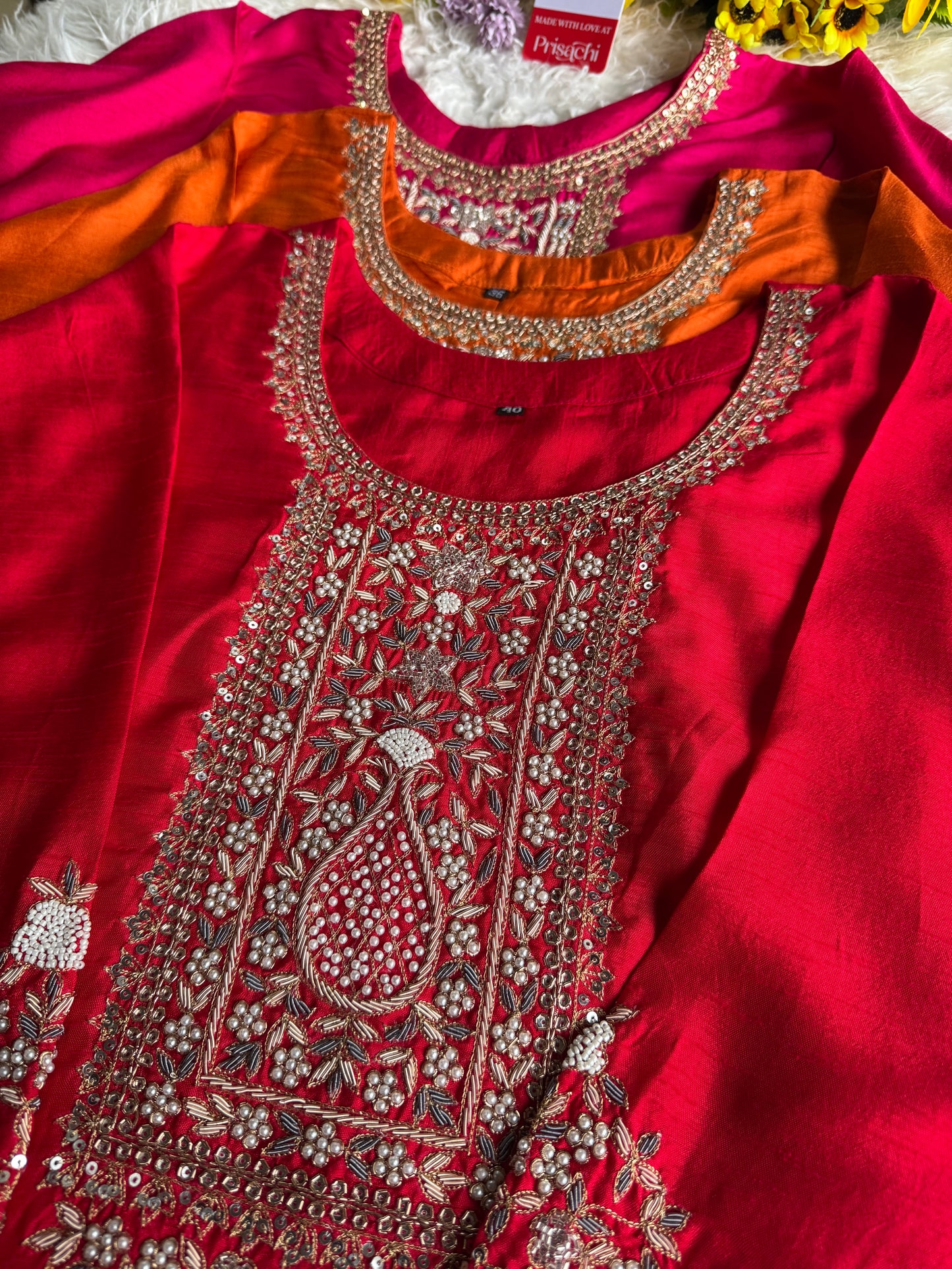 Red designer embroidered kurta set with dupatta