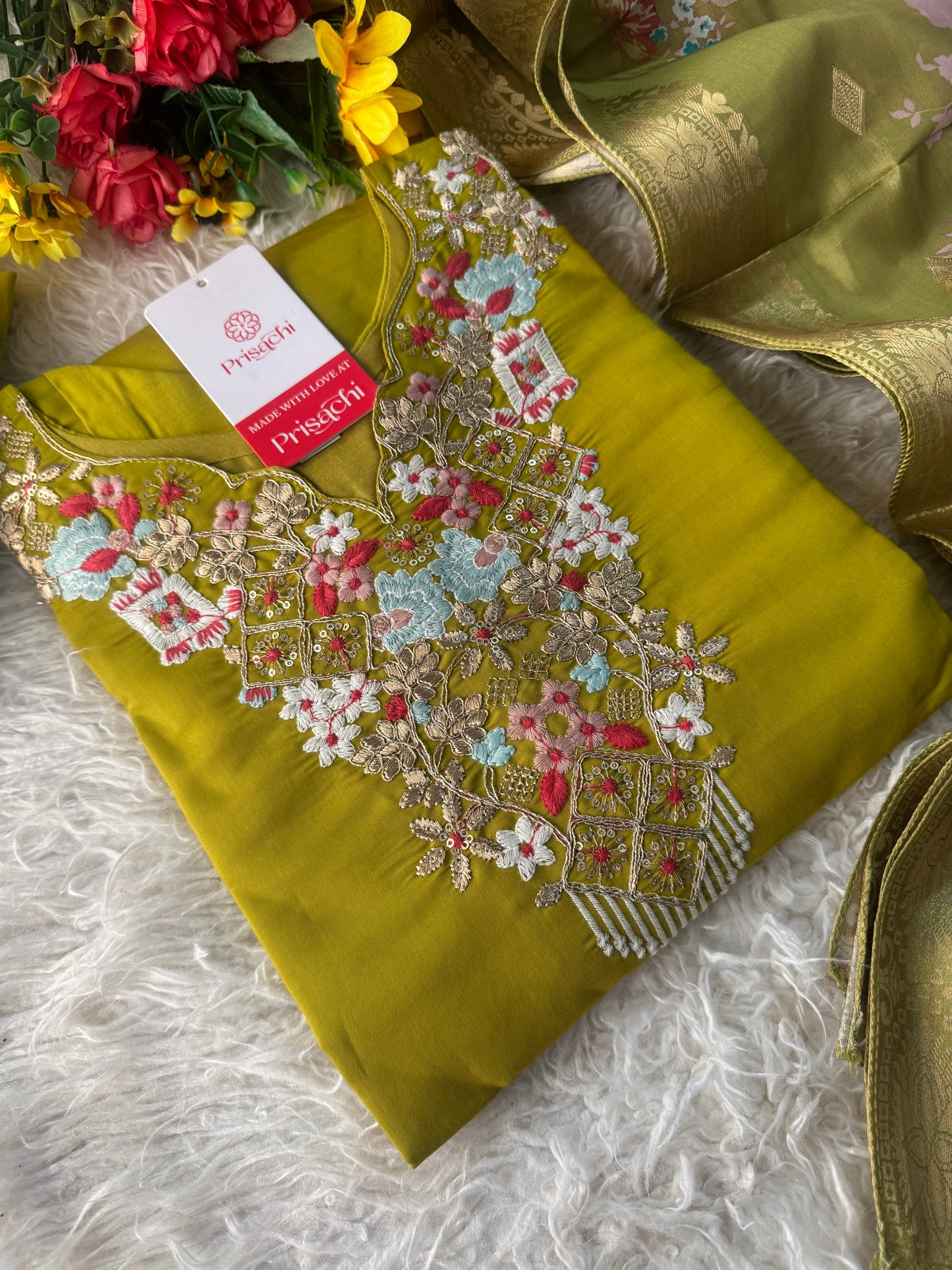 Green embroidered kurta set with dupatta