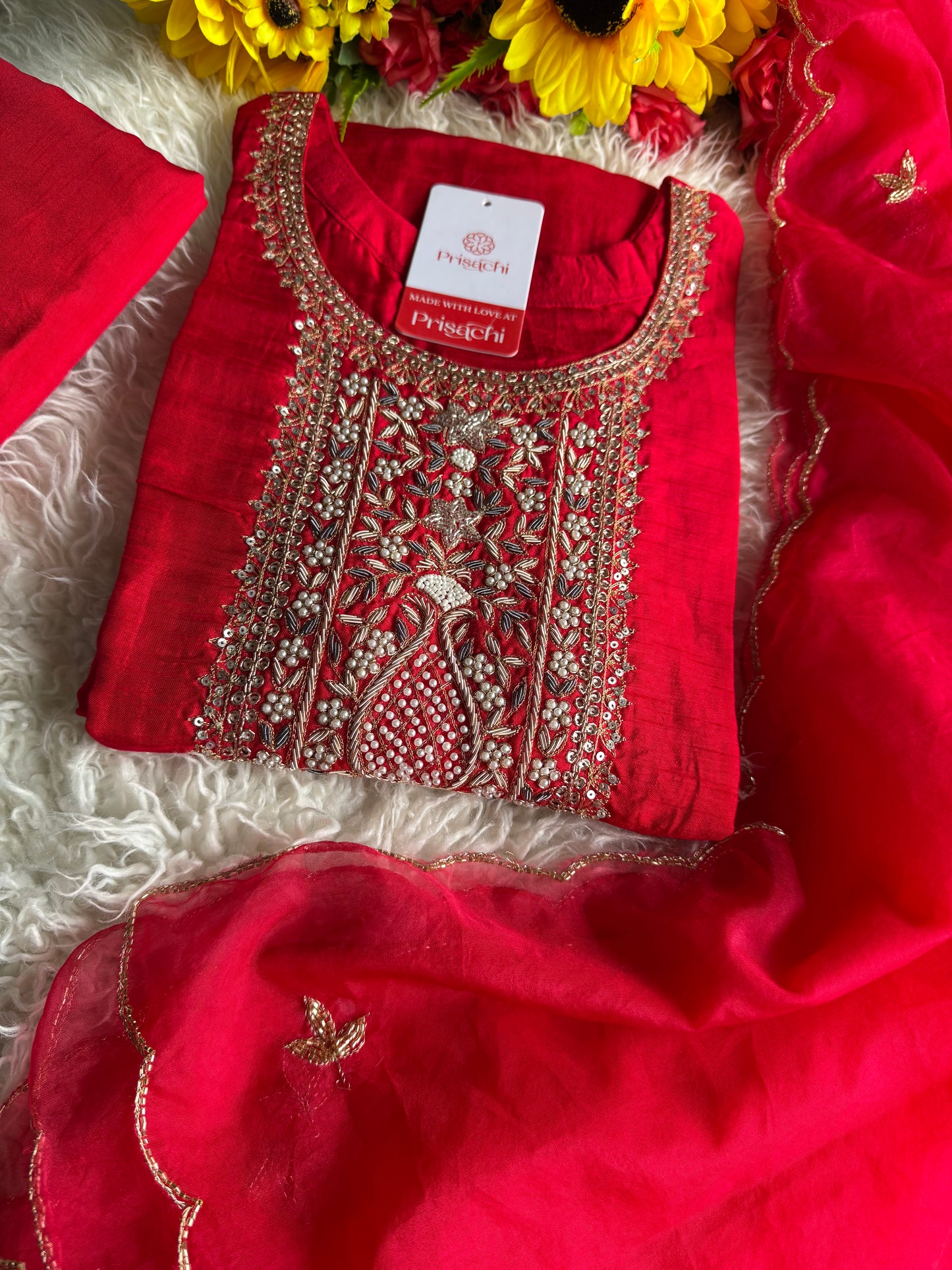Red designer embroidered kurta set with dupatta