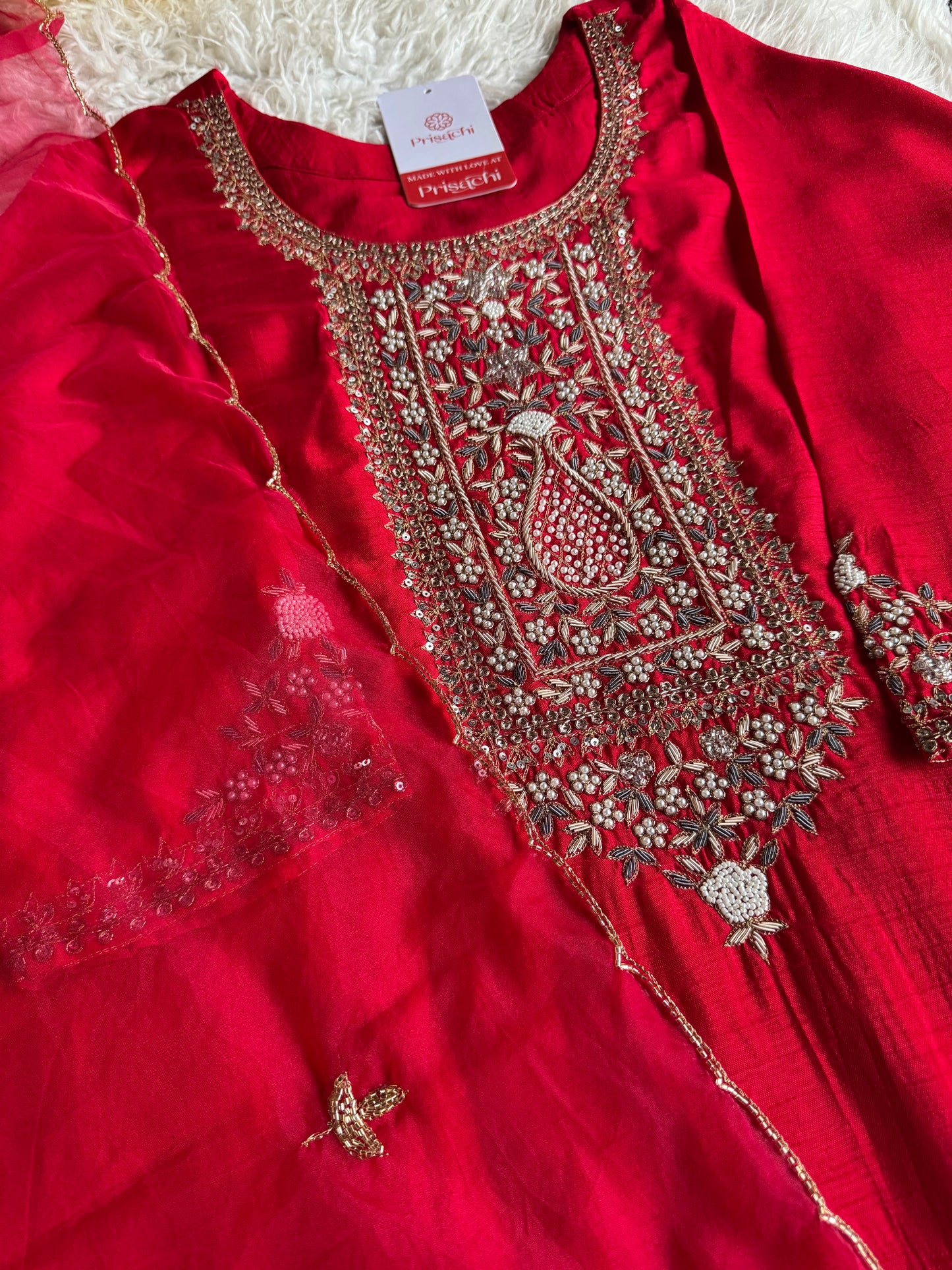 Red designer embroidered kurta set with dupatta