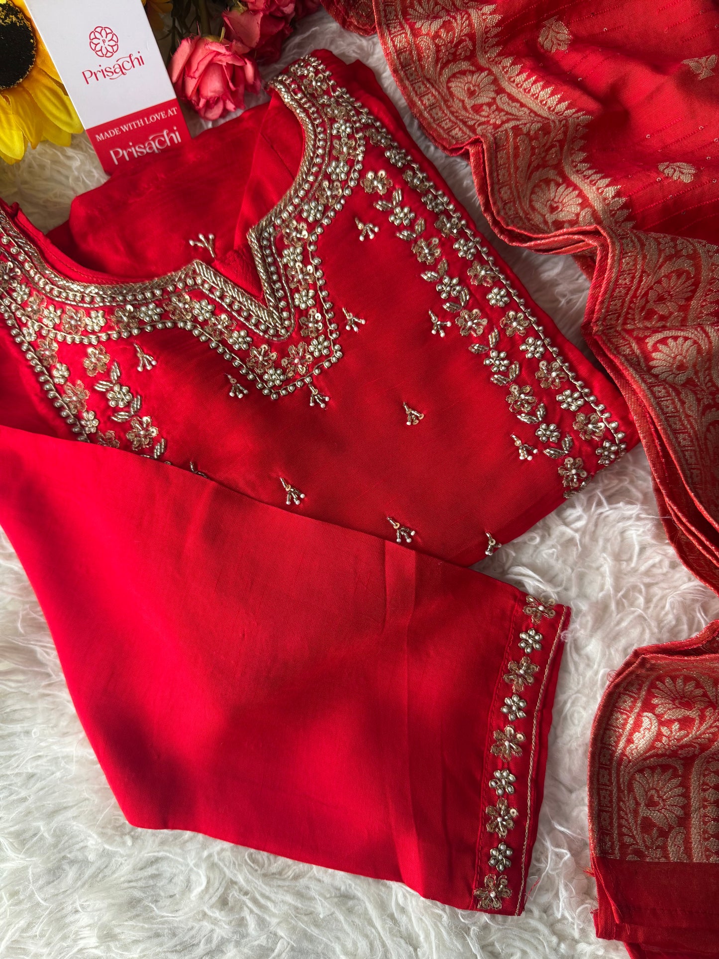 Red embroidered kurta set with dupatta