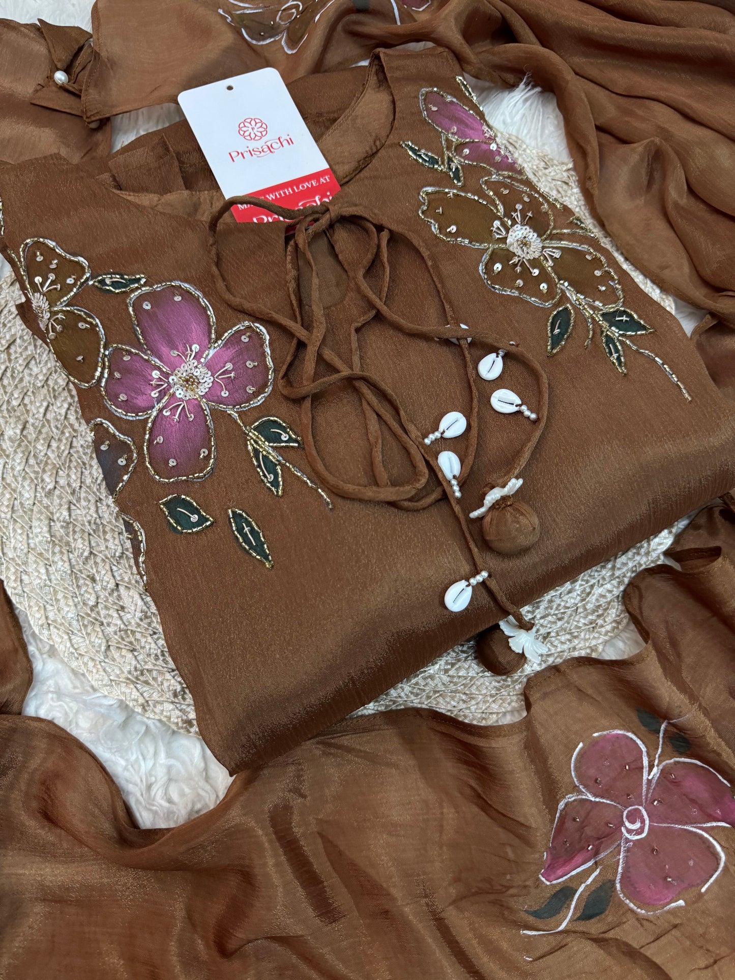 Red hand embroidered A Line kurta pant with dupatta