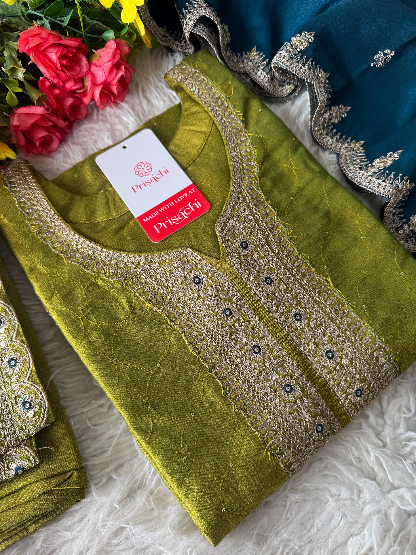 Green embroidered kurta set with contrast dupatta