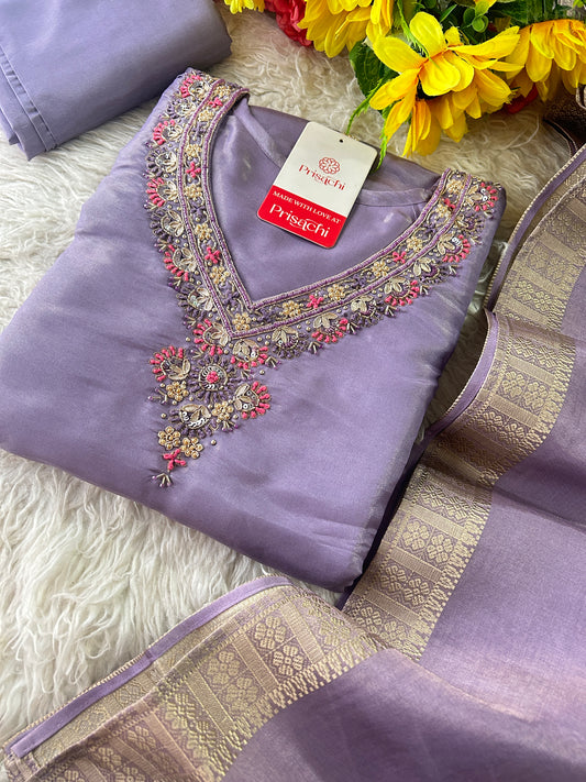 Purple embroidered kurta set with dupatta