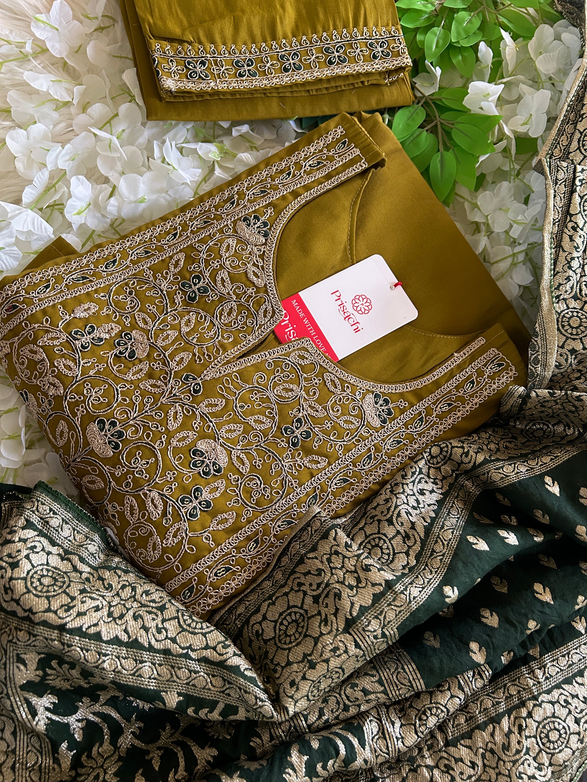 Mehndi Green embroidered kurta set with dupatta - Prisachi Official