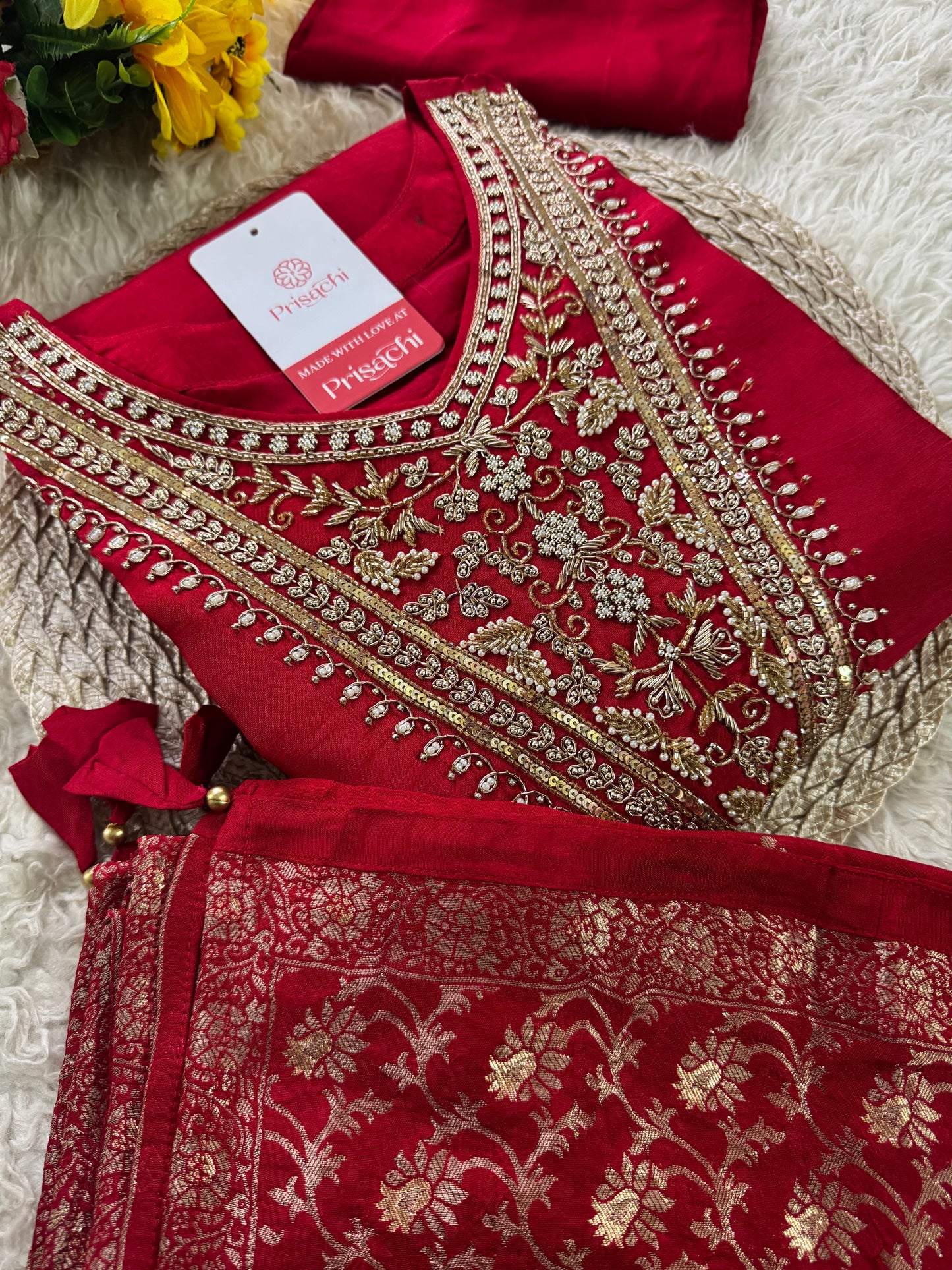 Red Embroidered kurta Pant with dupatta