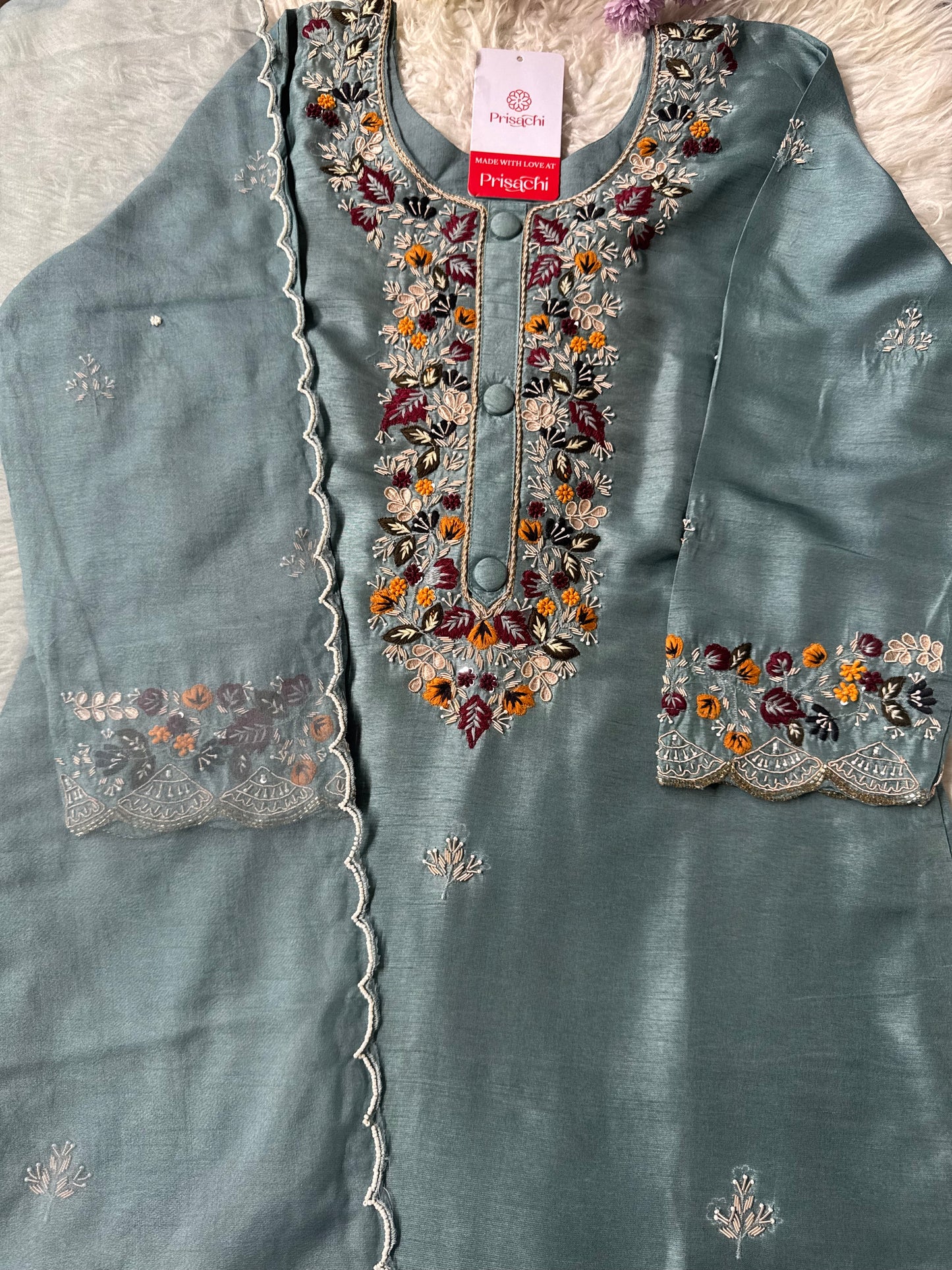 Sky blue Handwork kurta Pant with dupatta - Prisachi Official