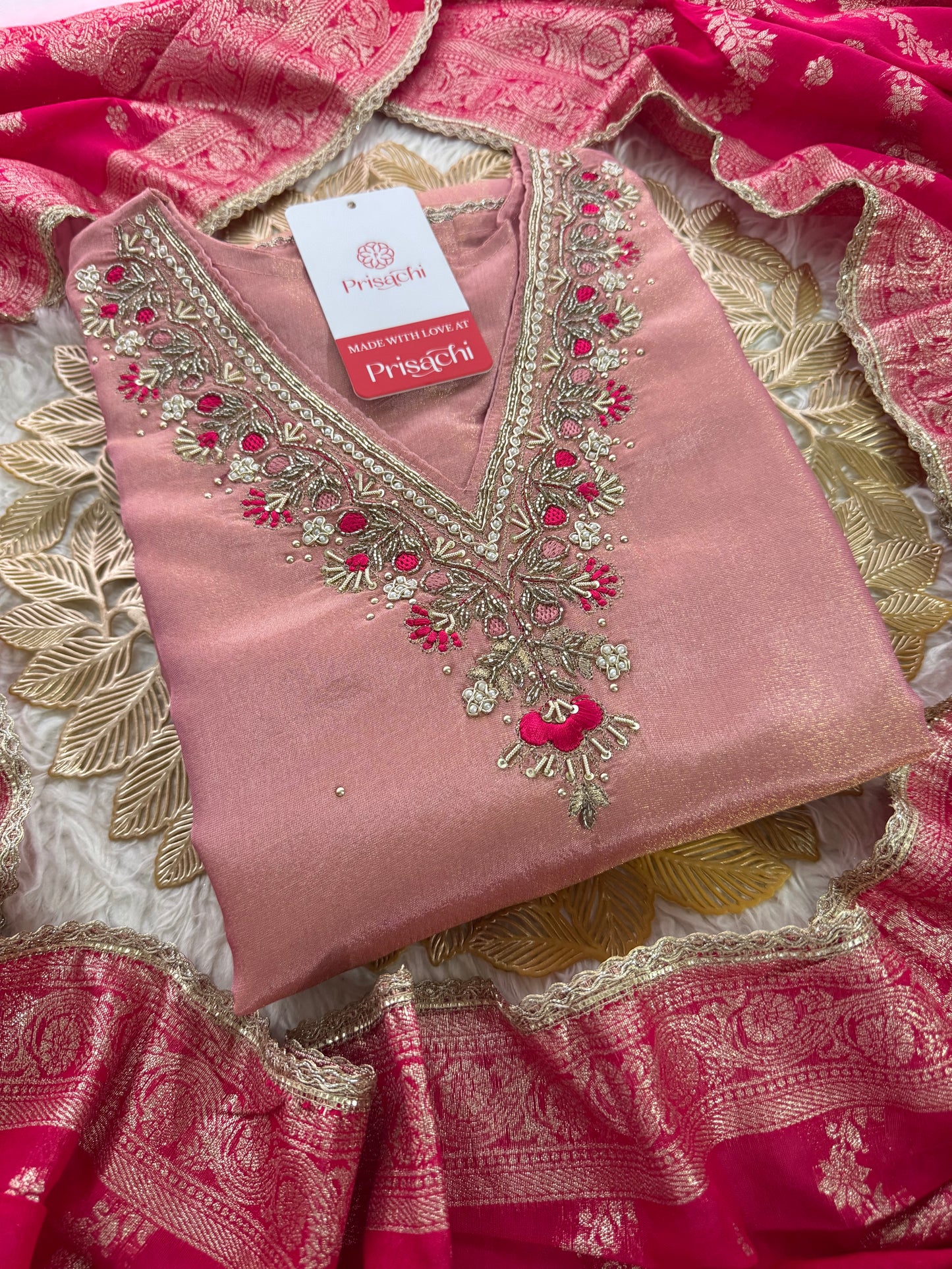 Pink embroidered kurta set with dupatta