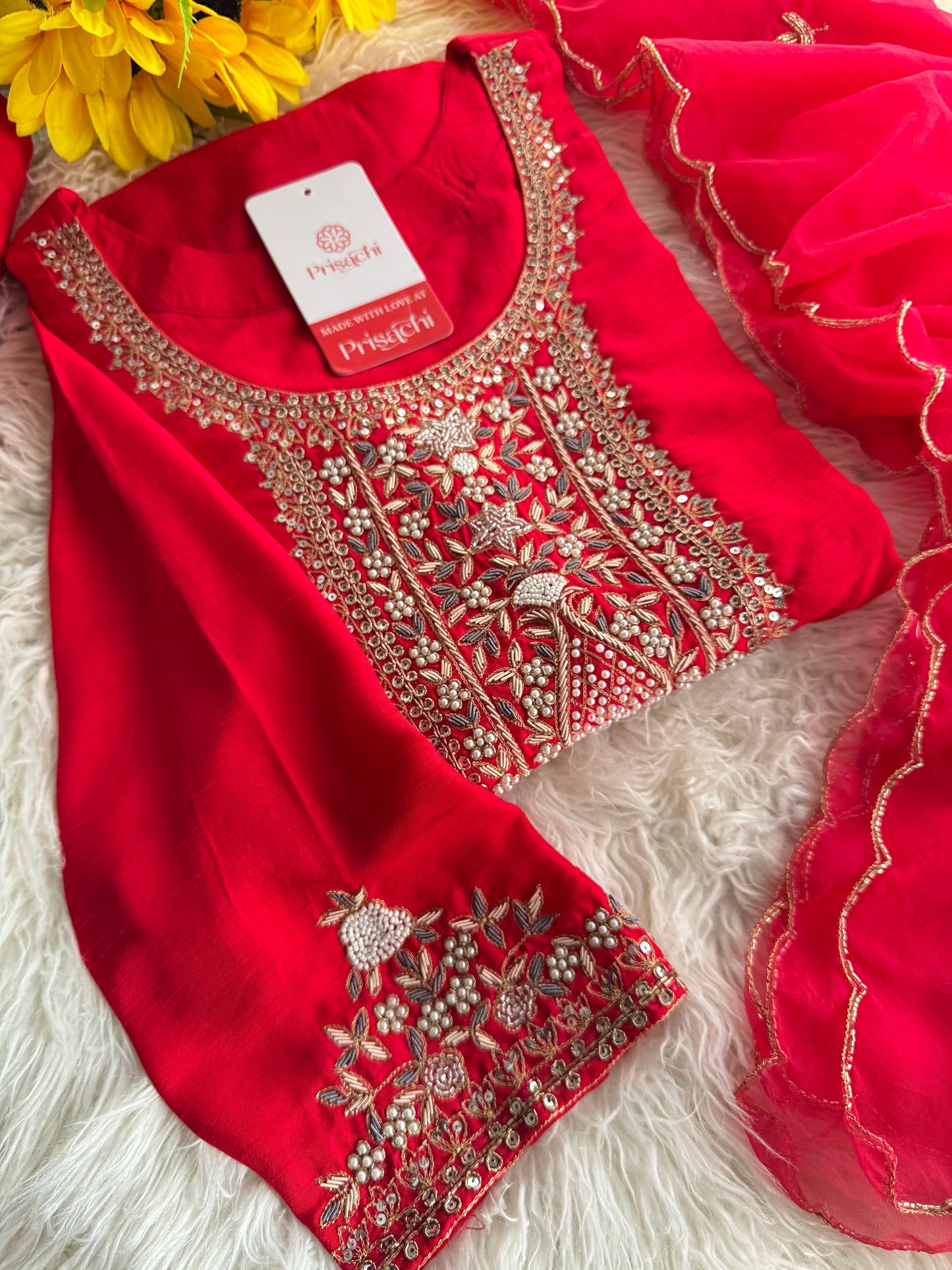 Red designer embroidered kurta set with dupatta