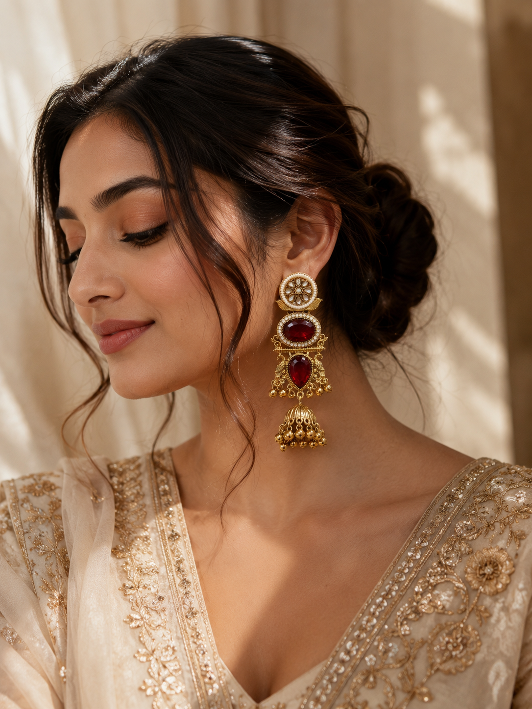 Gold-Plated Ruby Stone Kundan Jhumka Earrings For Women
