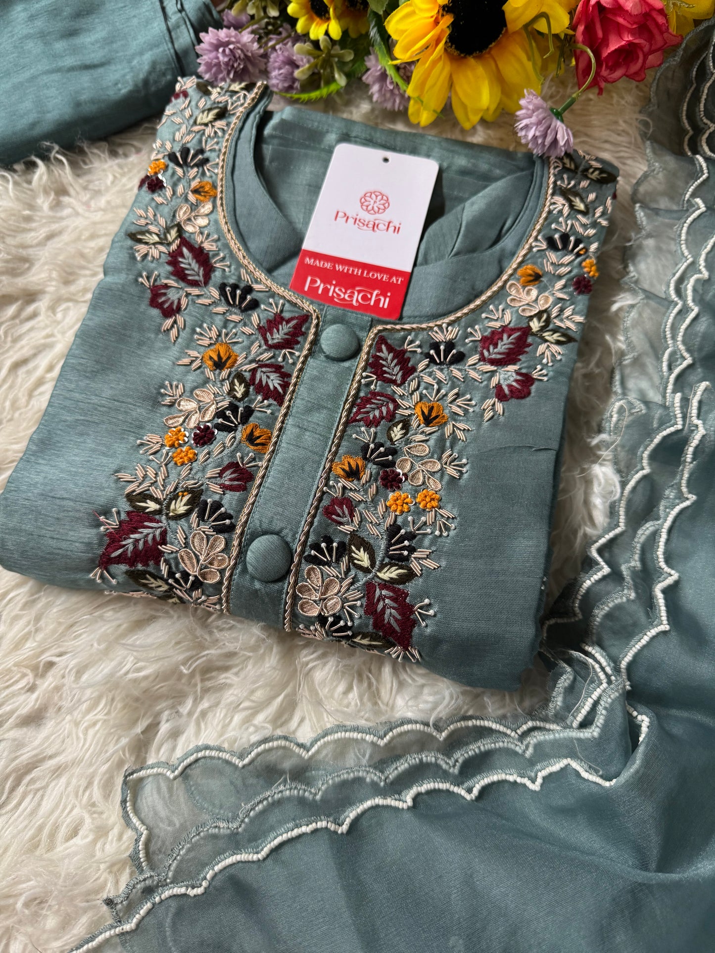 Sky blue Handwork kurta Pant with dupatta