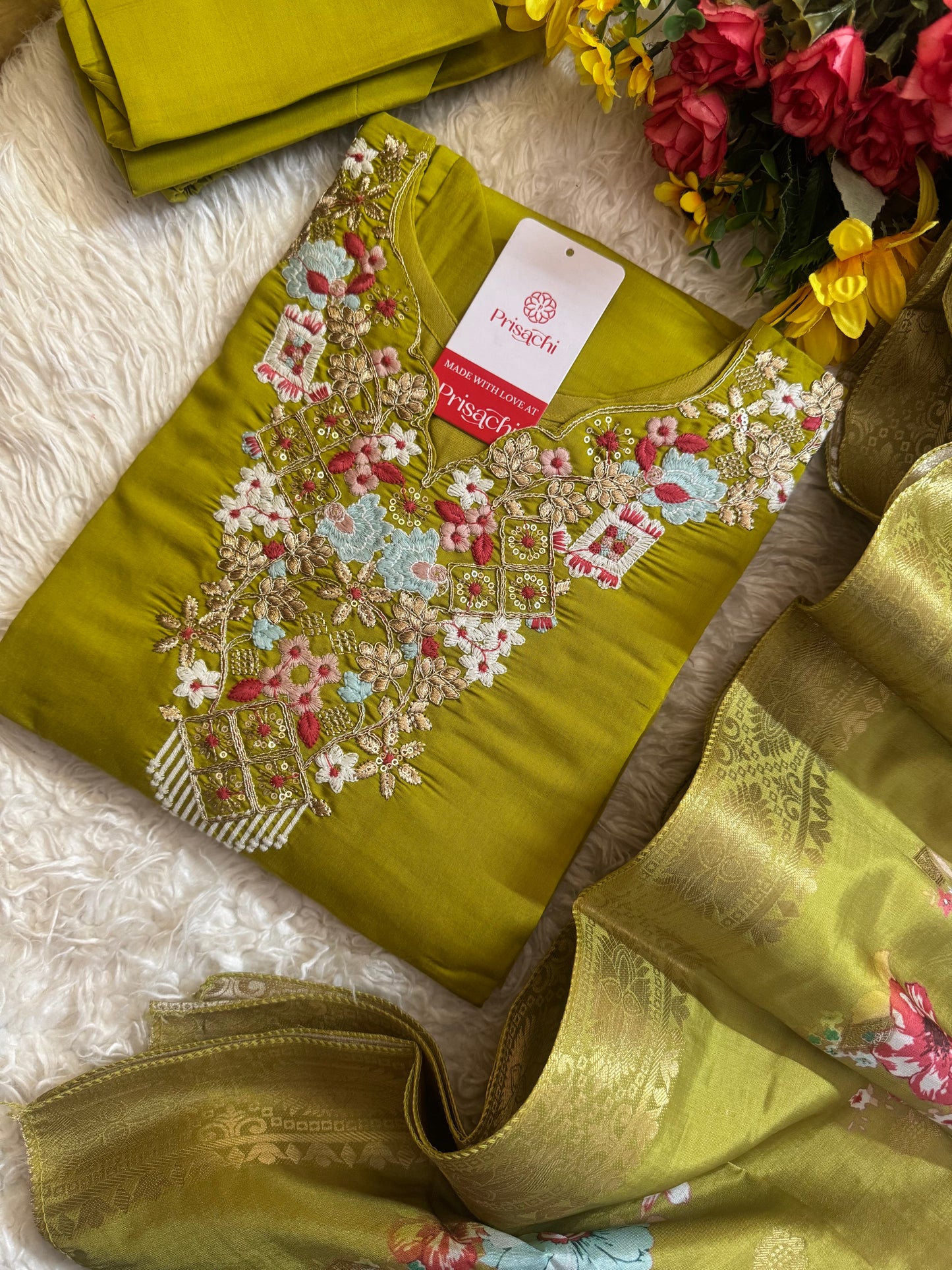Green embroidered kurta set with dupatta