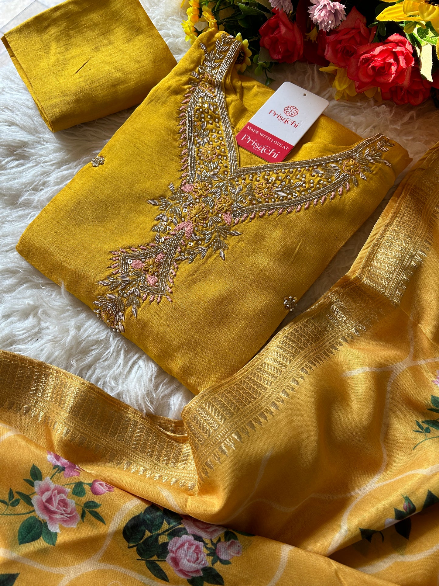 Yellow embroidered kurta set with dupatta