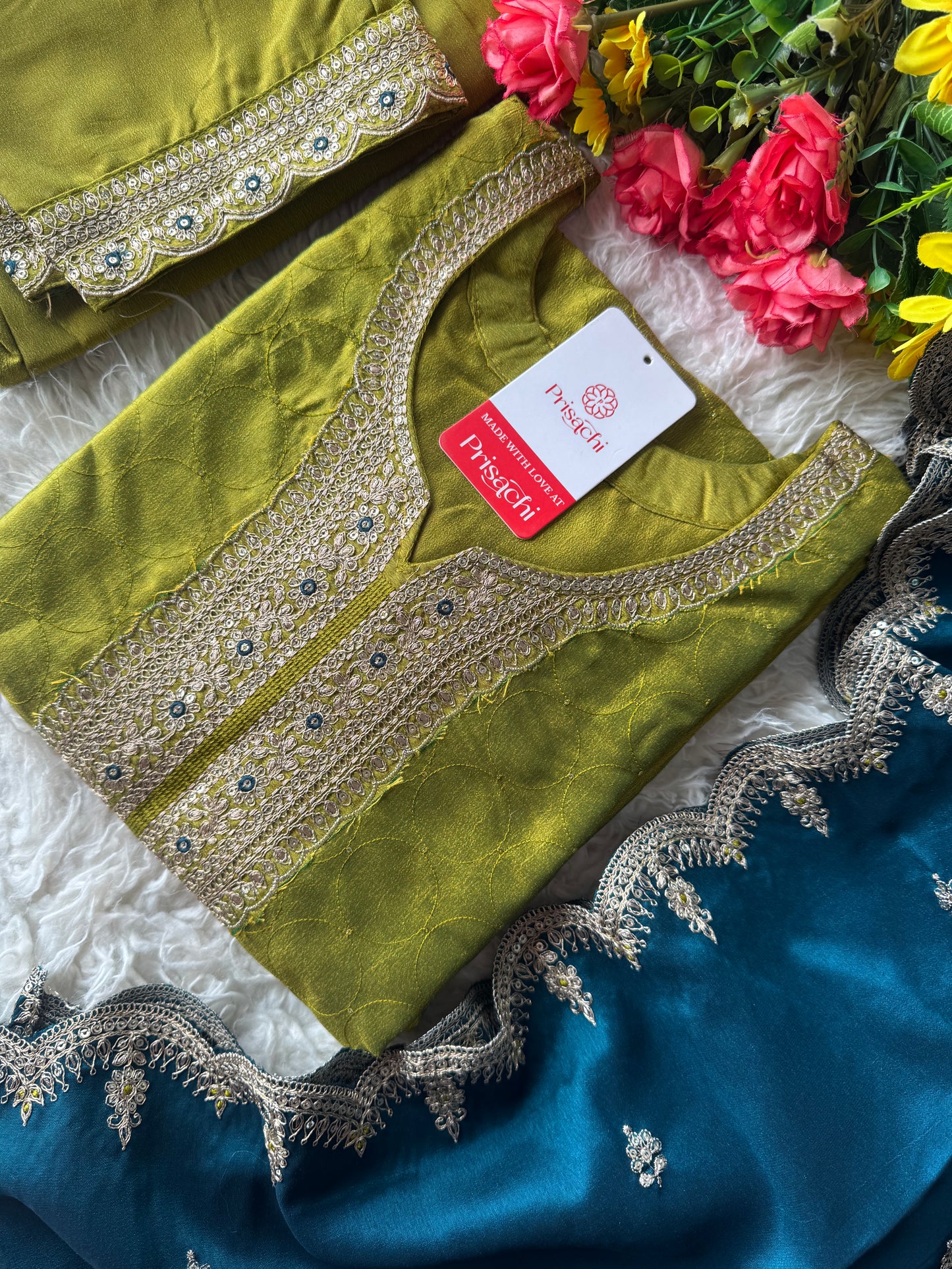 Green embroidered kurta set with contrast dupatta