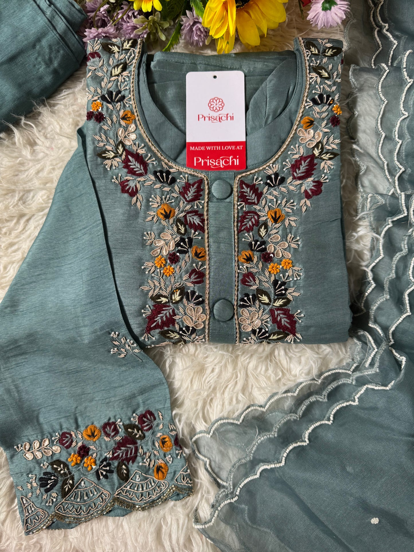 Sky blue Handwork kurta Pant with dupatta