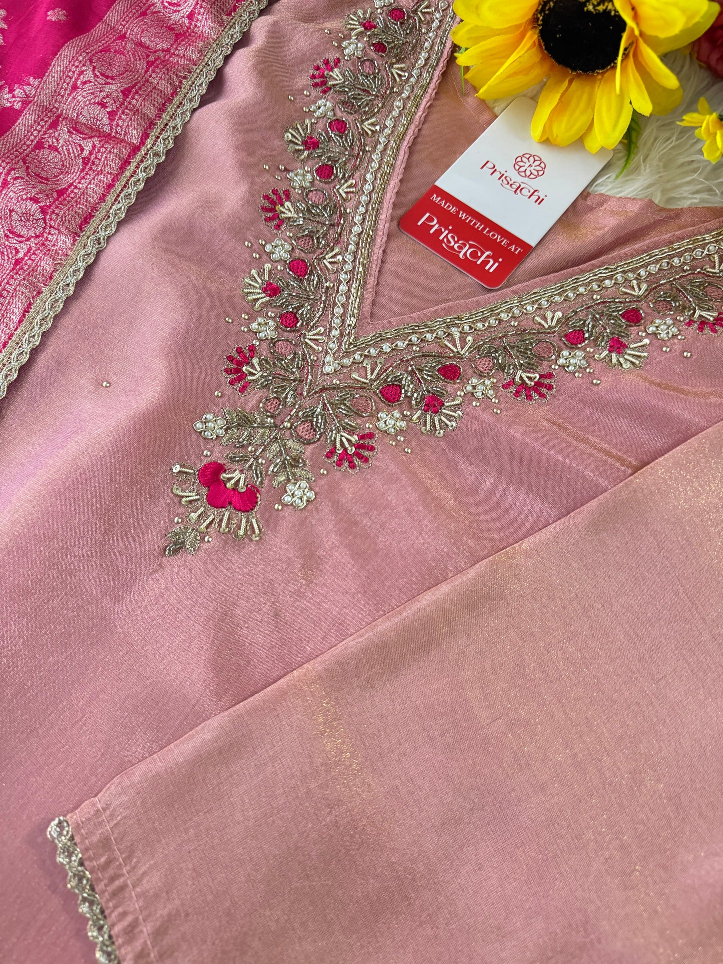 Pink embroidered kurta set with dupatta