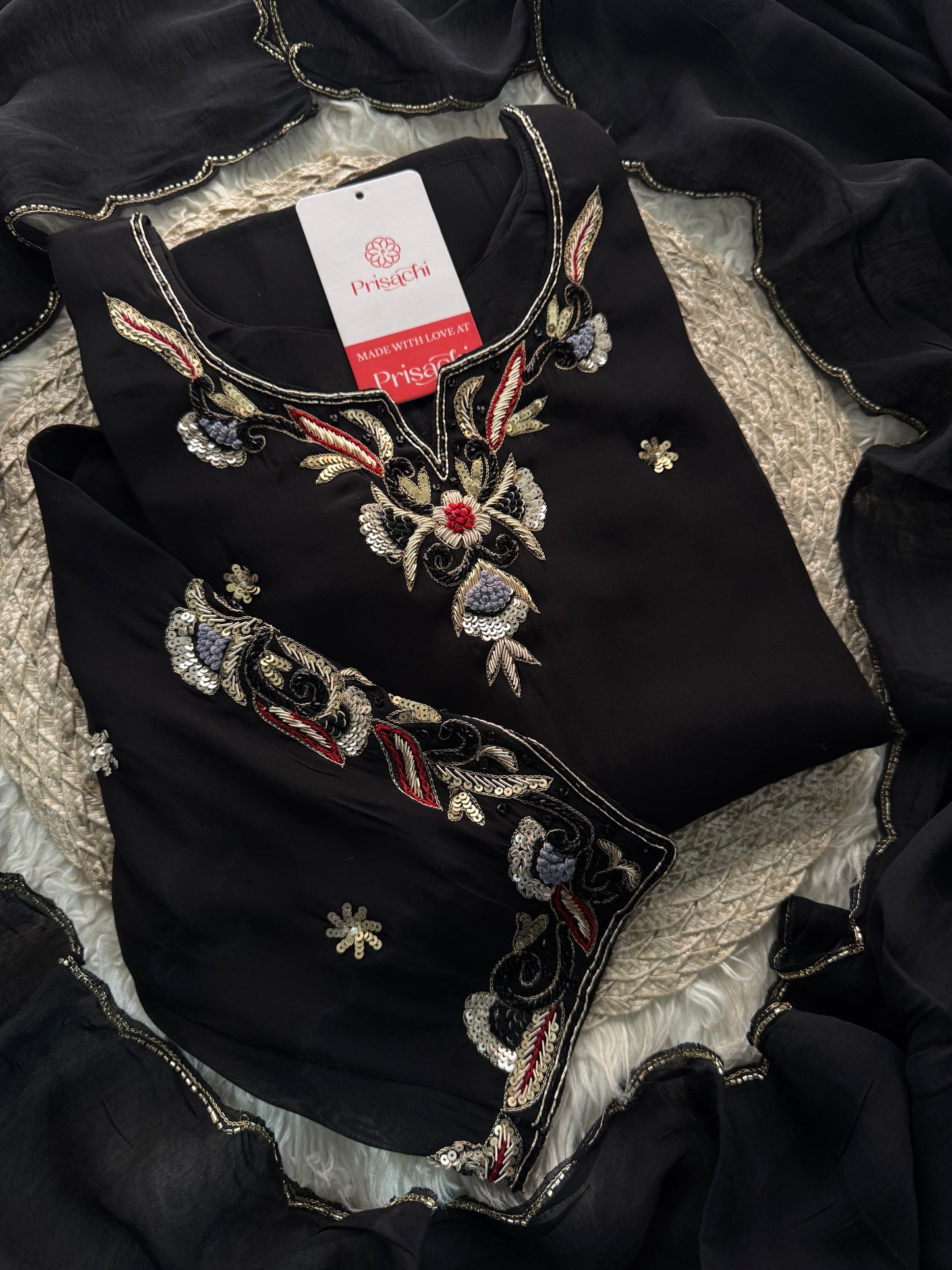 Prisachi Black Embroidered kurta bottom with dupatta