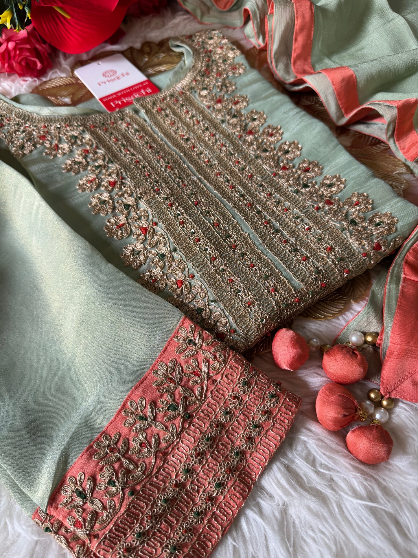 Tissue silk Embroidered kurta set with dupatta
