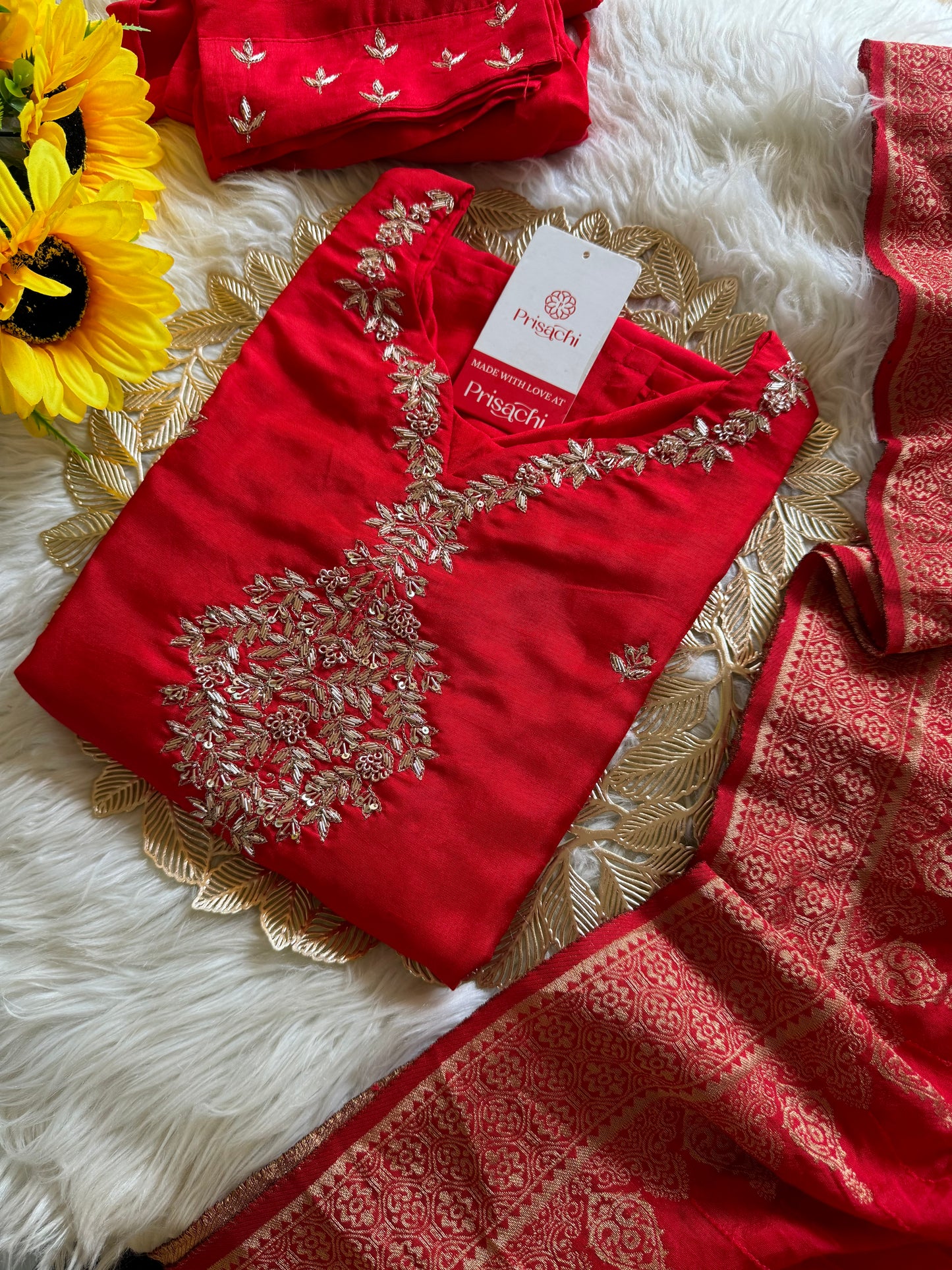 Red Designer Kurti set with Banarasi Duptta