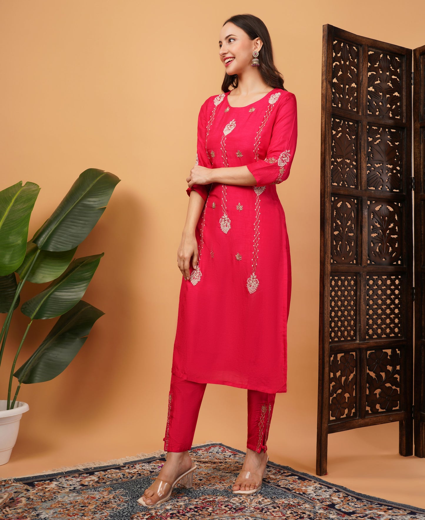 Pink Designer Embroidered kurta set with dupatta