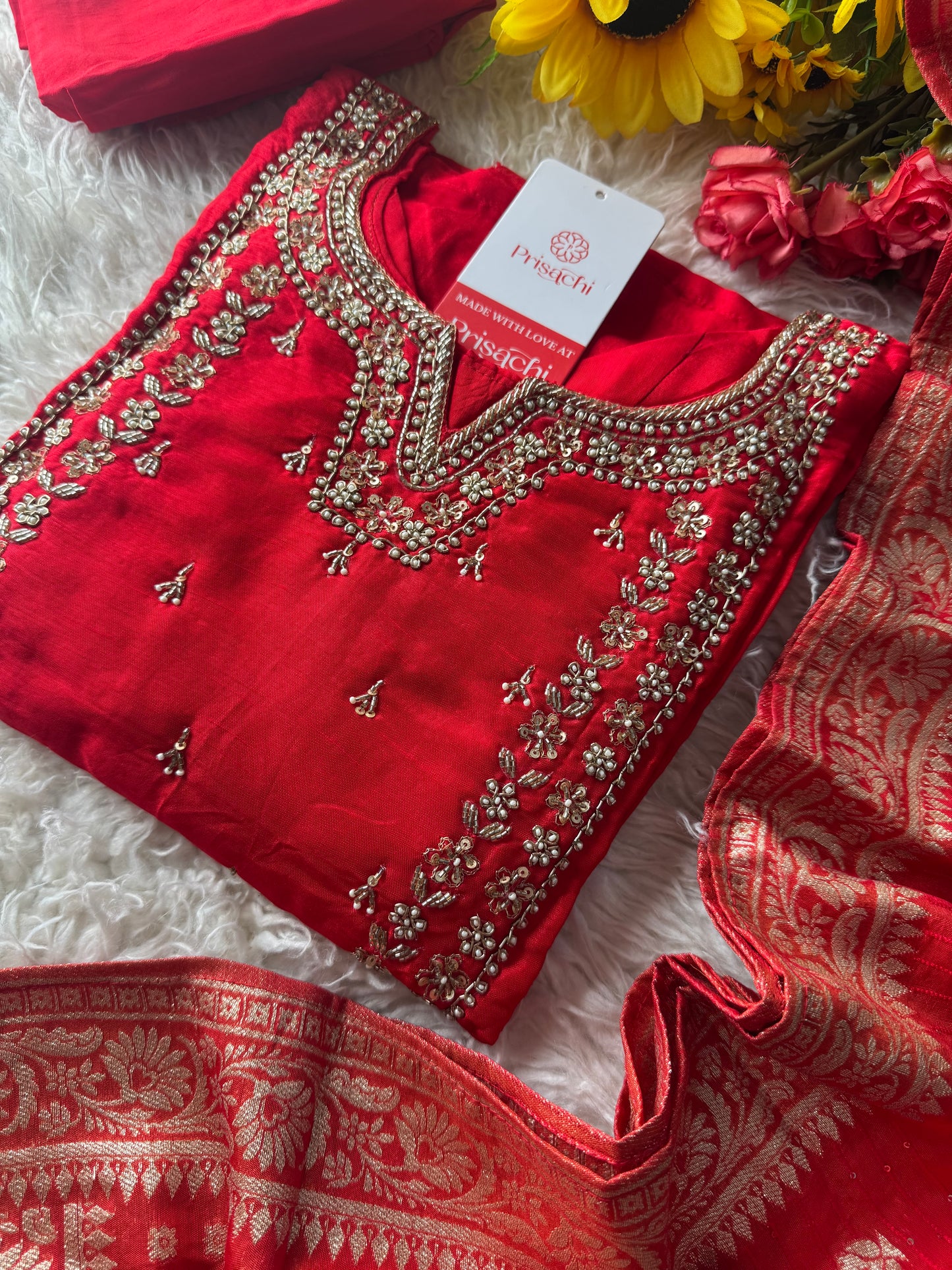 Red embroidered kurta set with dupatta