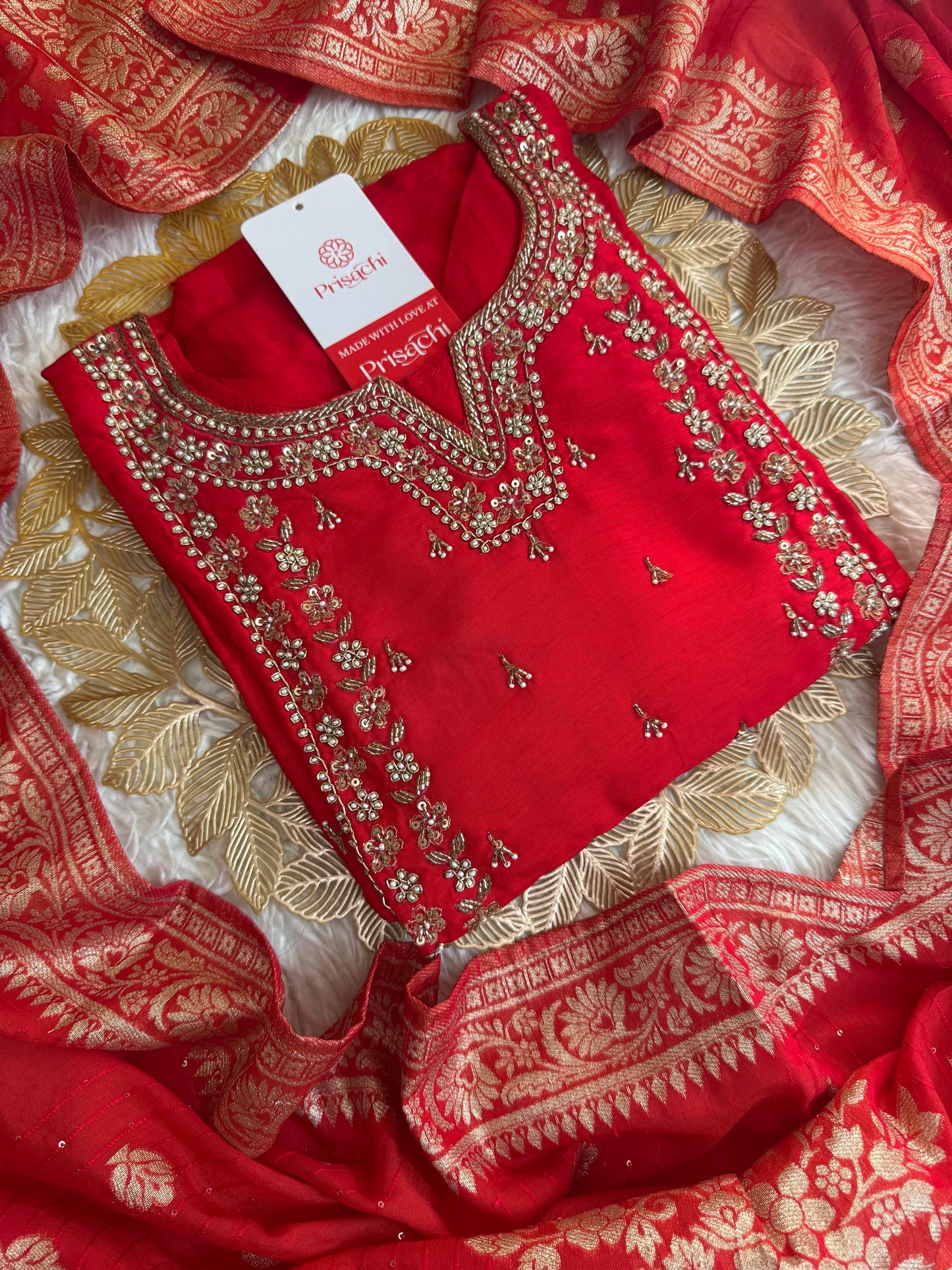 Red embroidered kurta set with dupatta