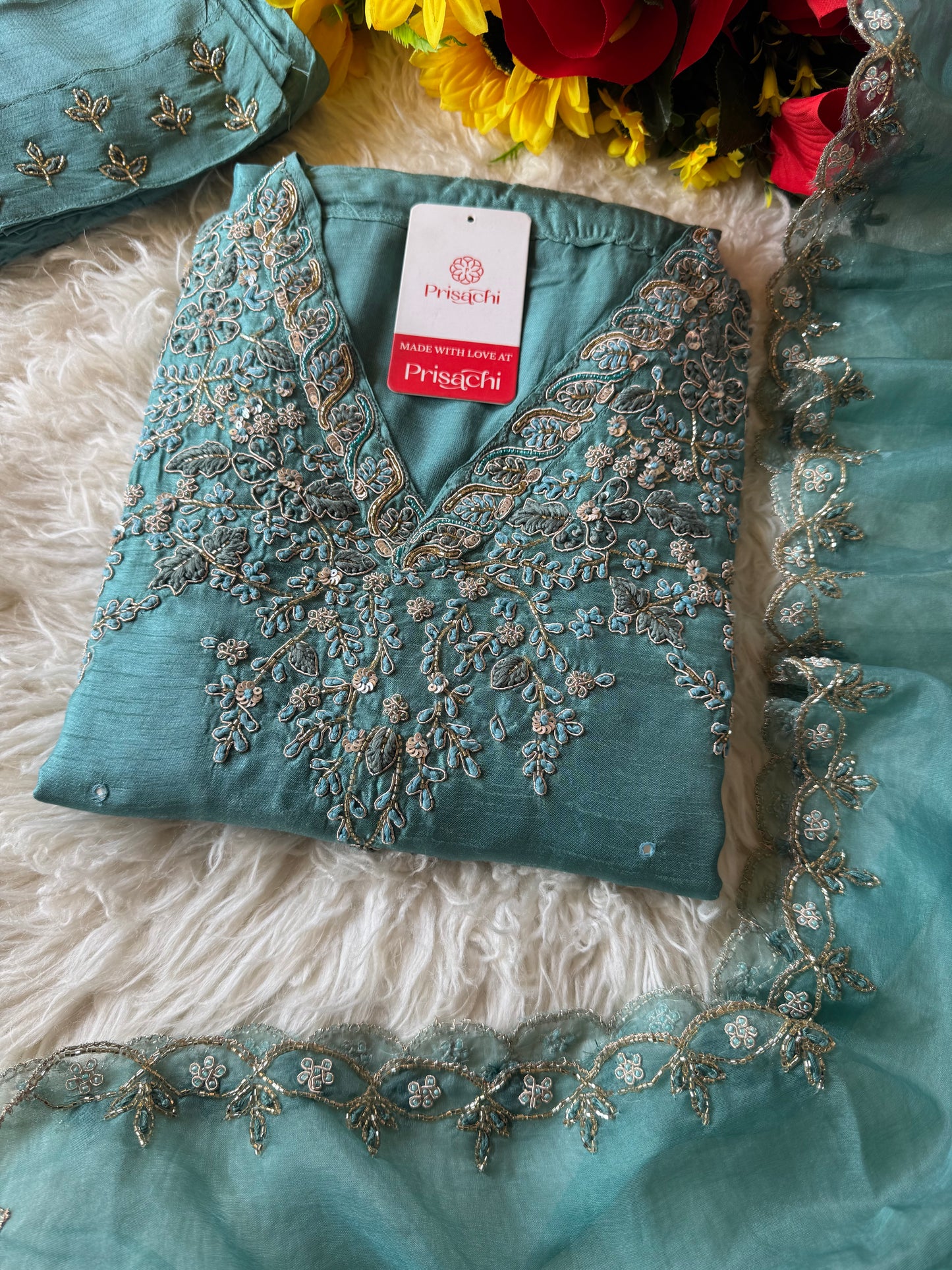 Sky blue Handwork kurta Pant with dupatta