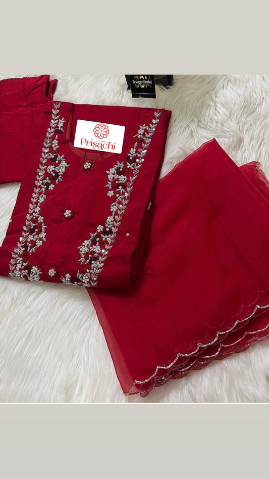 Red embroidered kurta Pant  with dupatta
