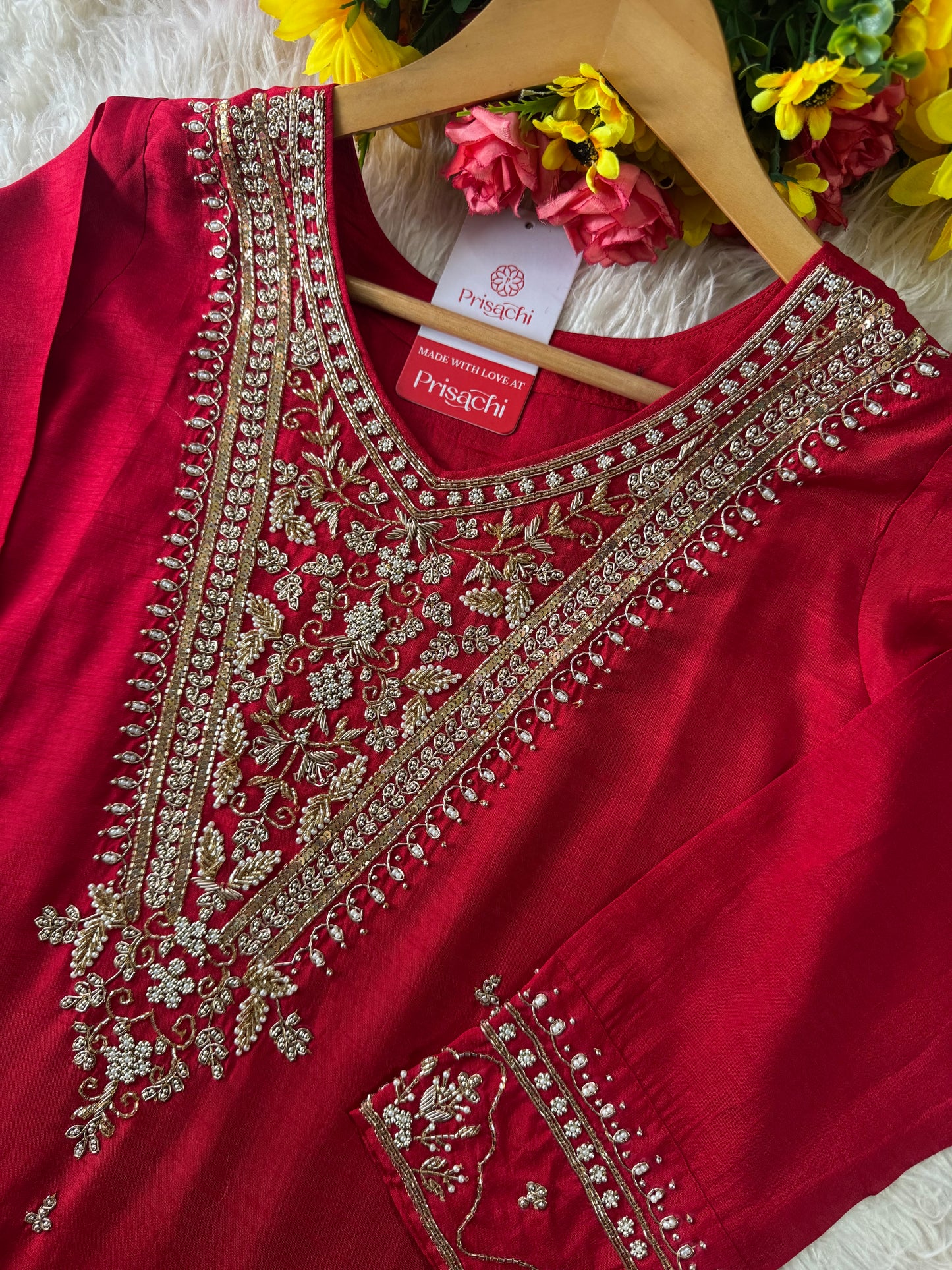 Red Embroidered kurta Pant with dupatta