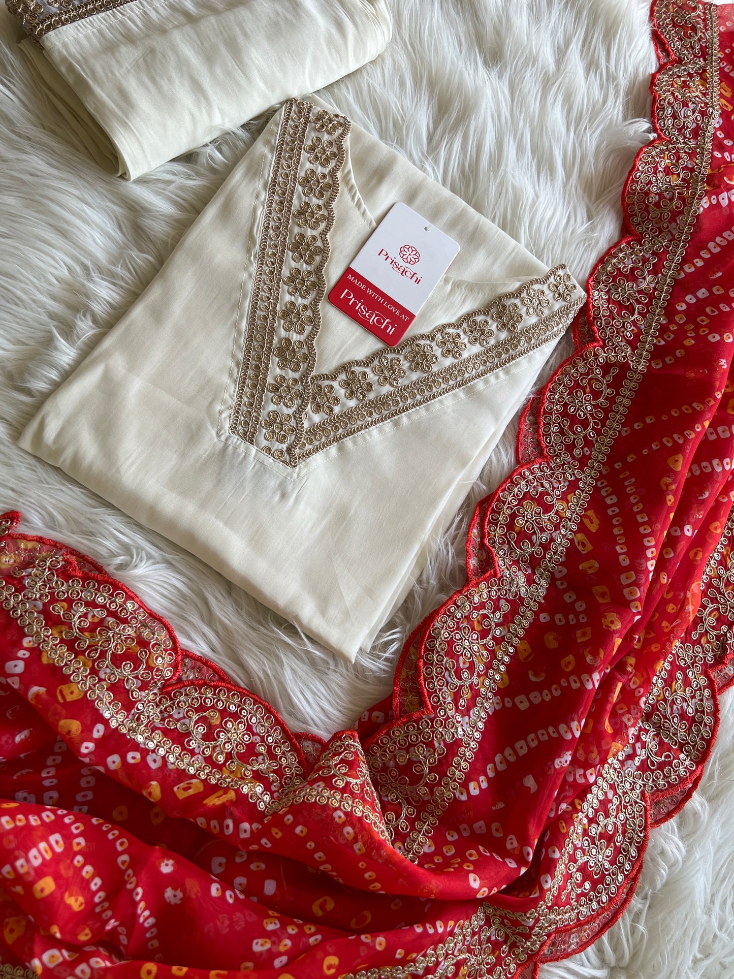 Off White Lilac silk kurta set with Red bandhani dupatta
