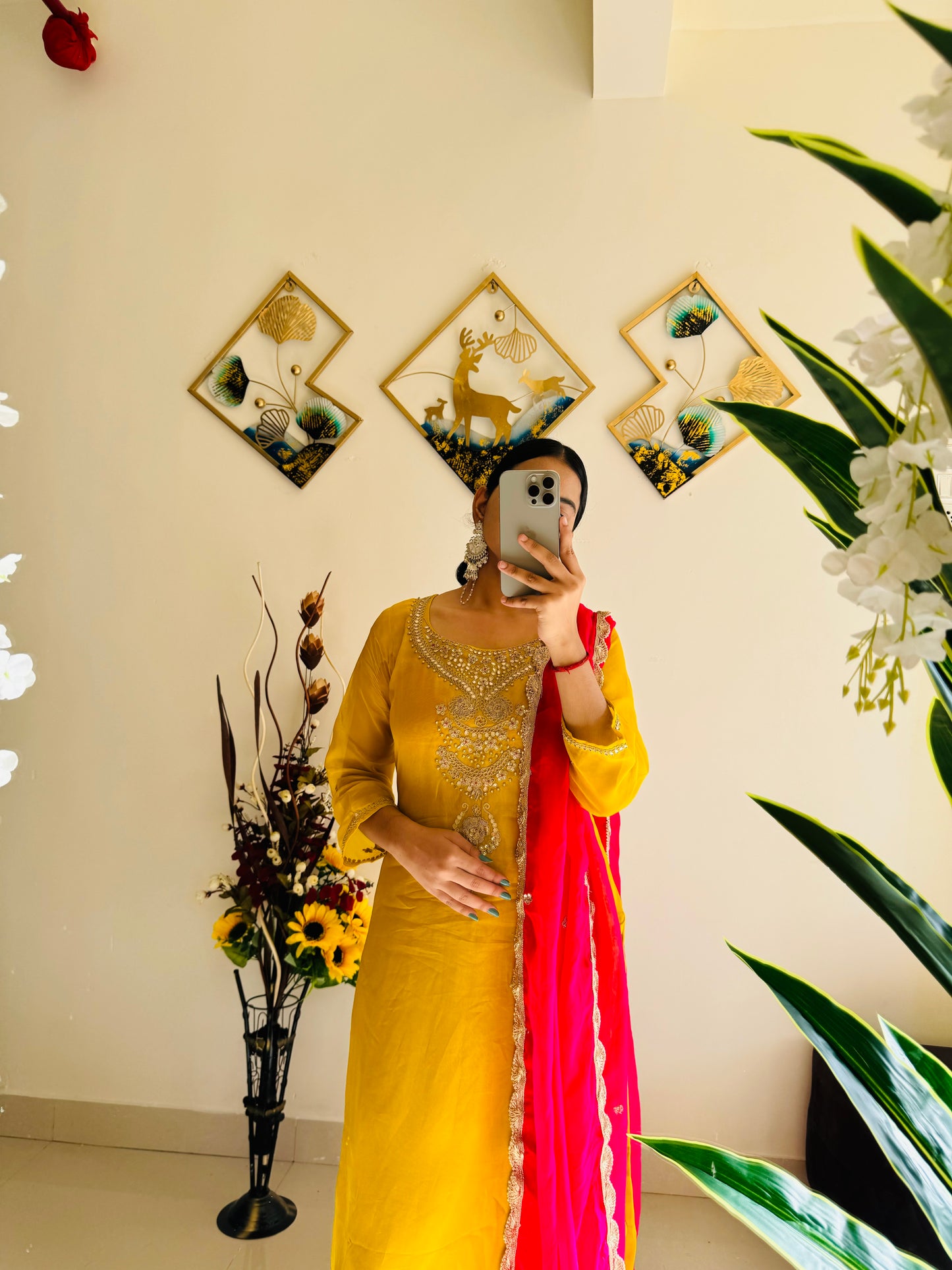 Yellow Embroidered kurta set with Contrast Pink dupatta