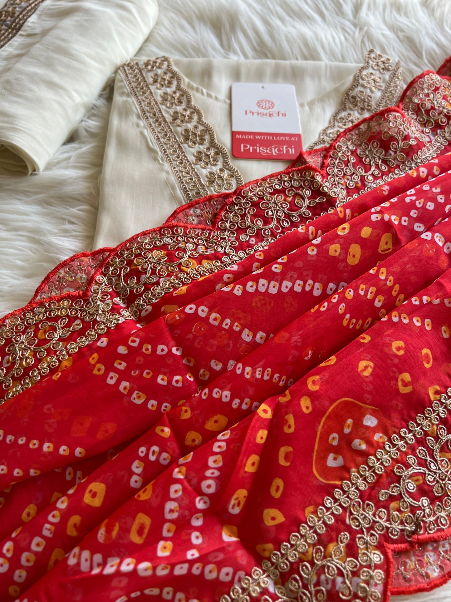 Off White Lilac silk kurta set with Red bandhani dupatta