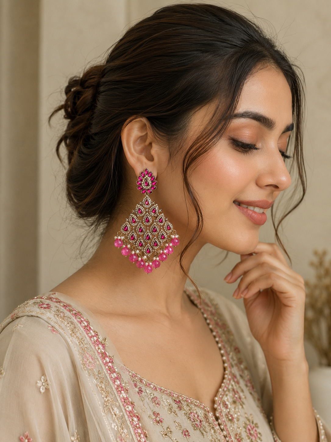 Gold-Plated Traditional Kundan & Fuchsia Stone Jhumka Earrings for Women