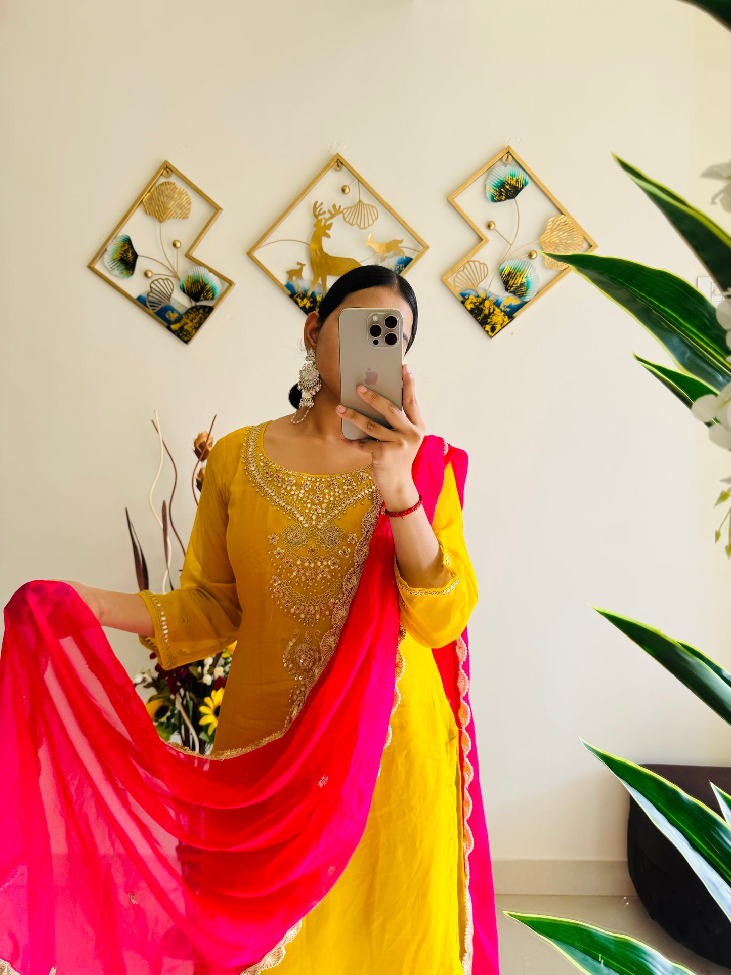 Yellow Embroidered kurta set with Contrast Pink dupatta