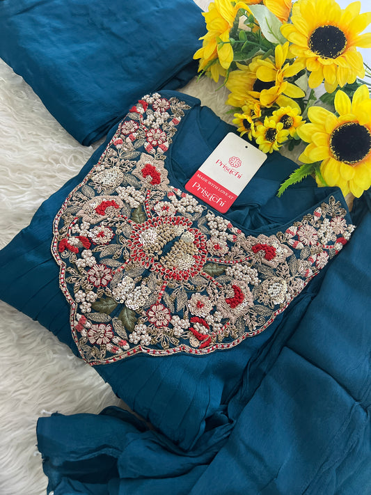 Blue embroidered Aline kurta set with dupatta