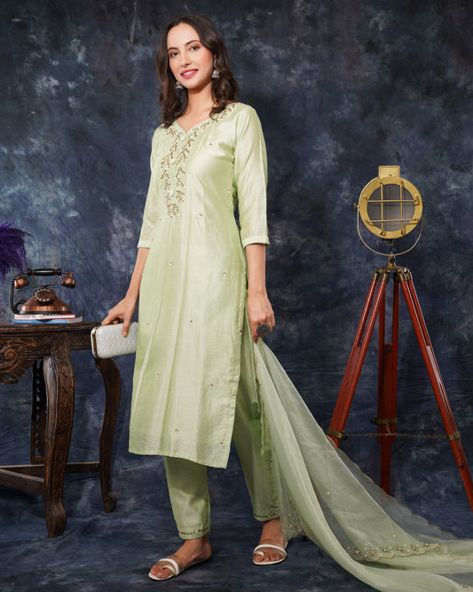 Green  embroidered kurta set with dupatta