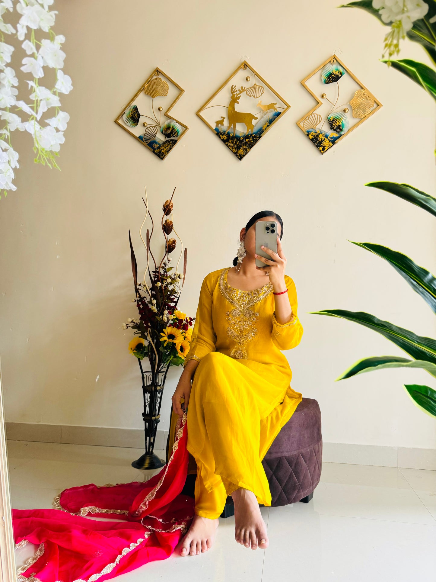 Yellow Embroidered kurta set with Contrast Pink dupatta