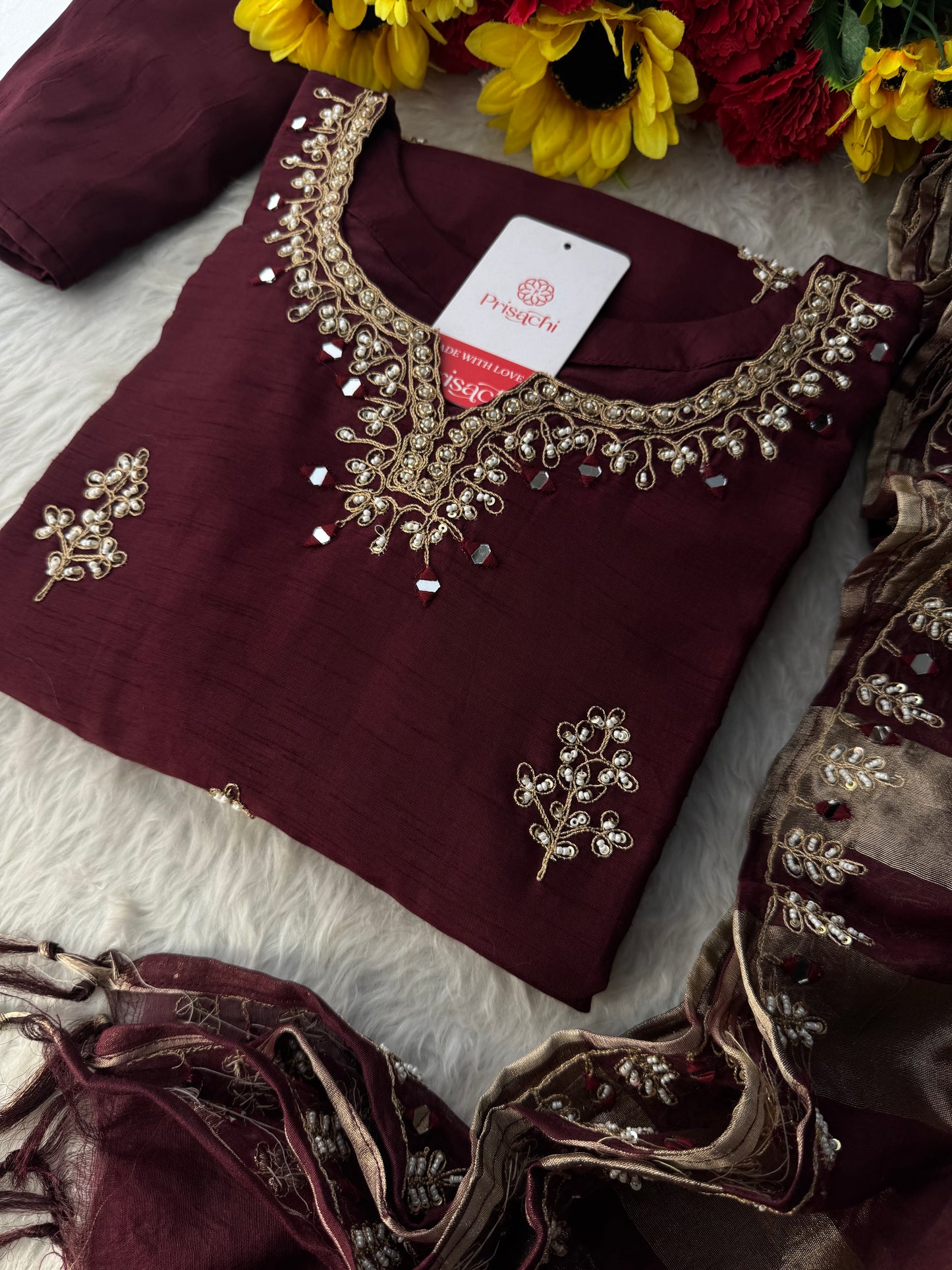 Brown hand embroidered kurta pant with dupatta - Prisachi Official