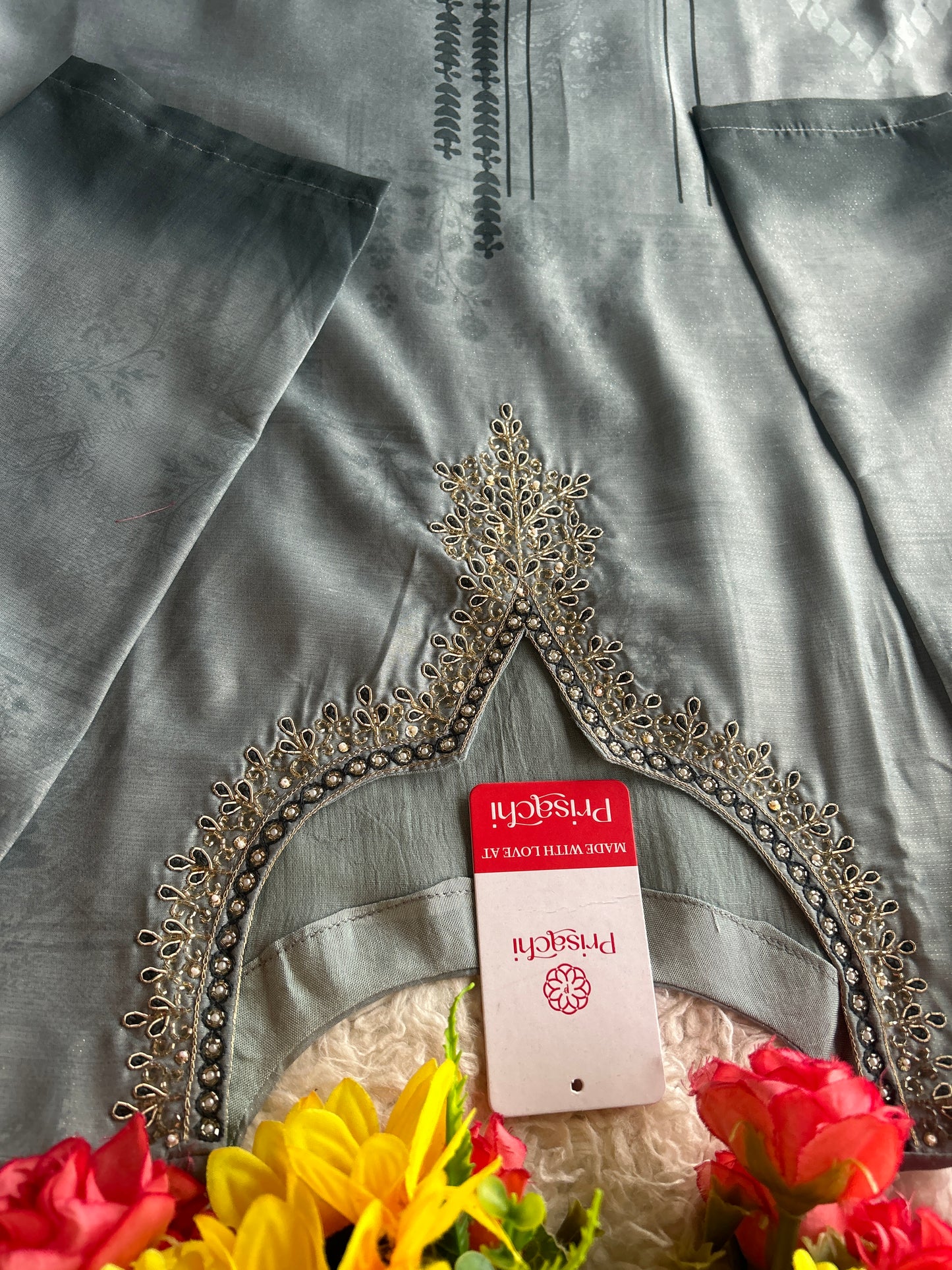 Gray embroidered kurta set with dupatta