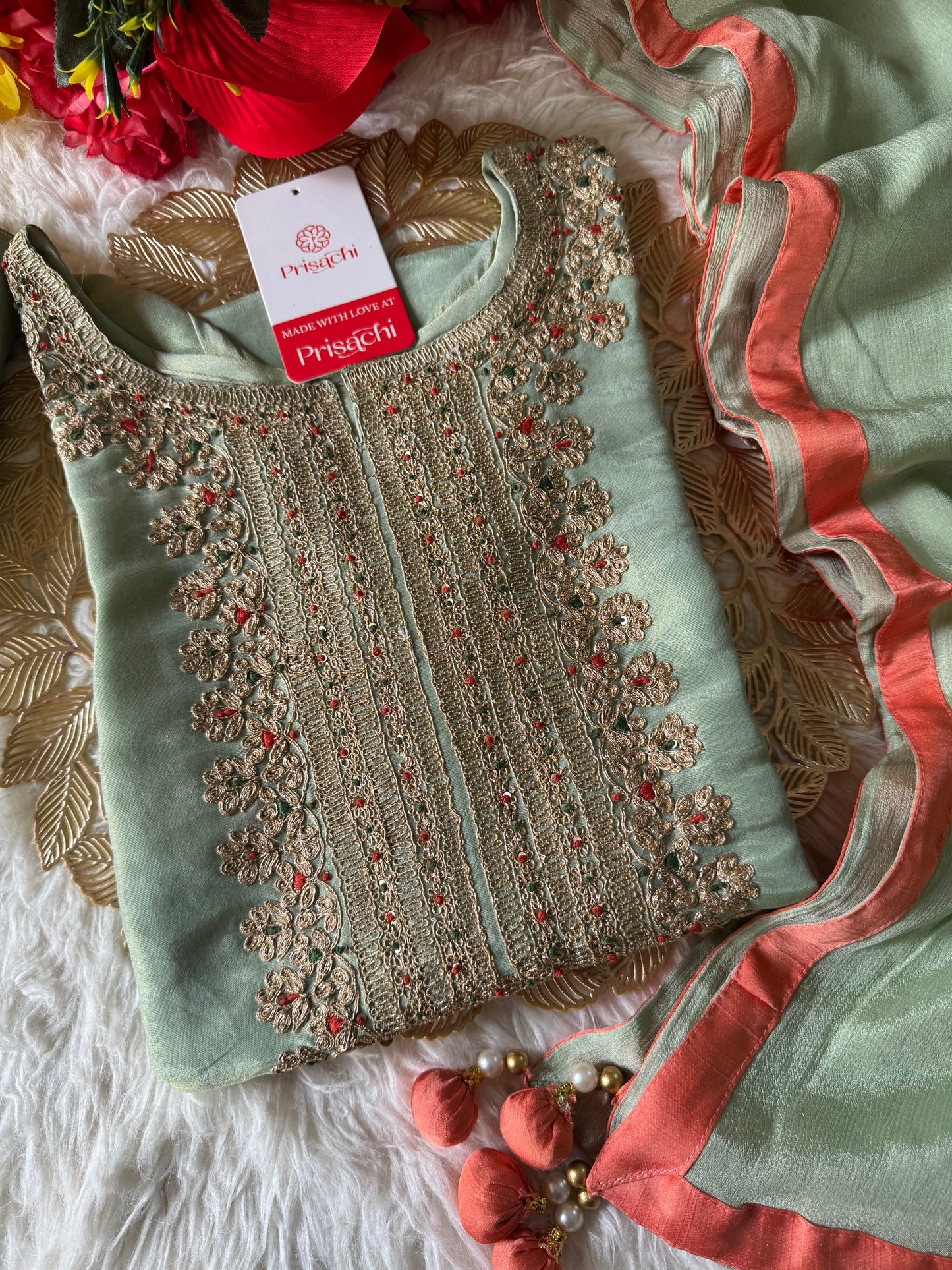 Tissue silk Embroidered kurta set with dupatta