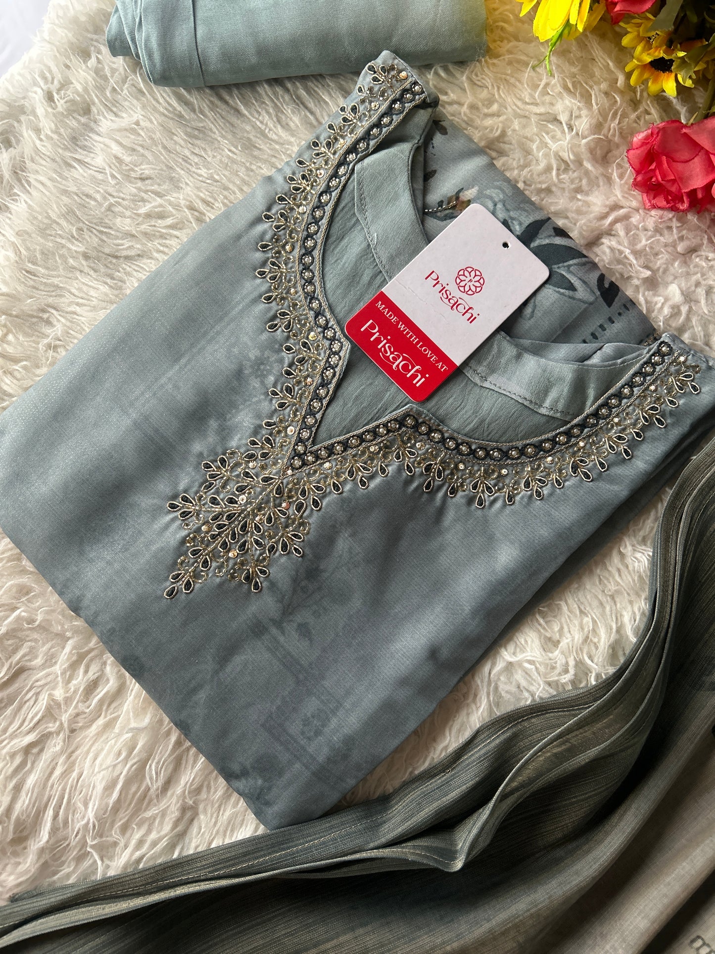 Gray embroidered kurta set with dupatta