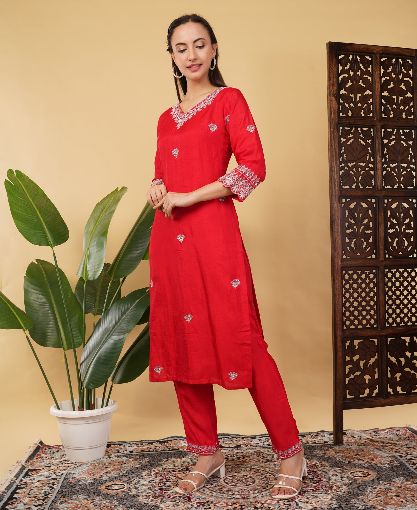 Prisachi Red embroidered kurta Pant with dupatta for Women