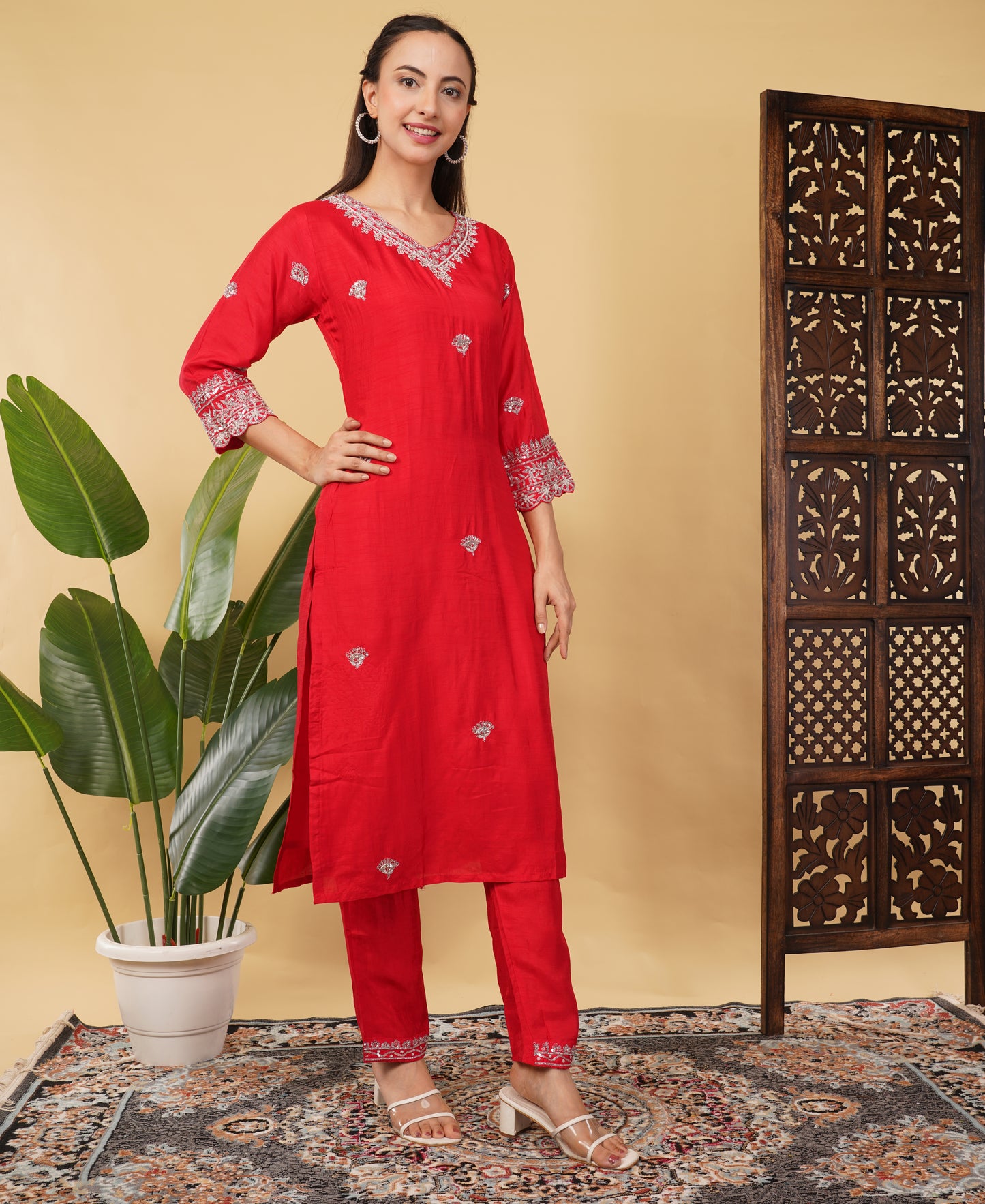 Prisachi Red embroidered kurta Pant with dupatta for Women