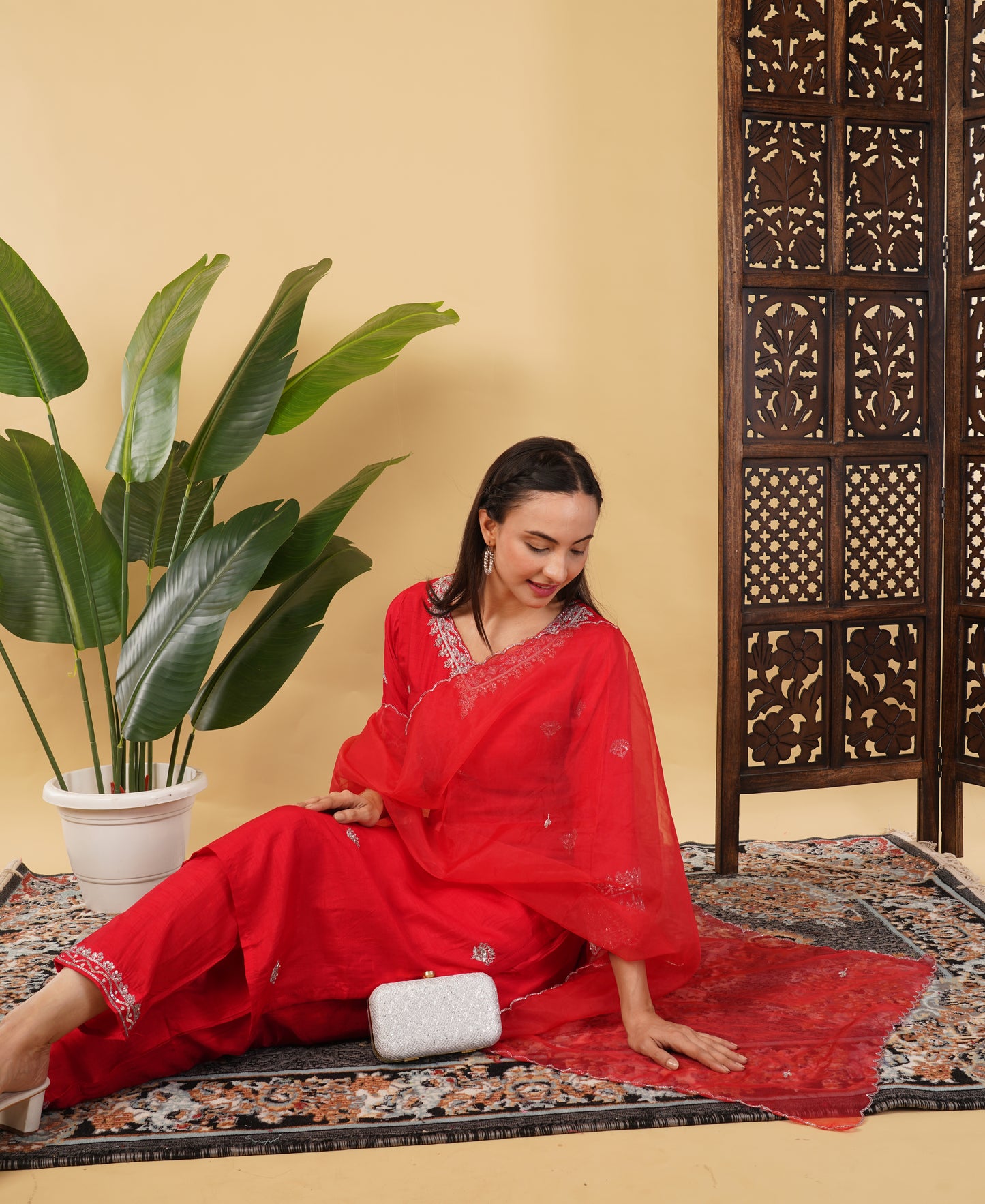 Prisachi Red embroidered kurta Pant with dupatta for Women