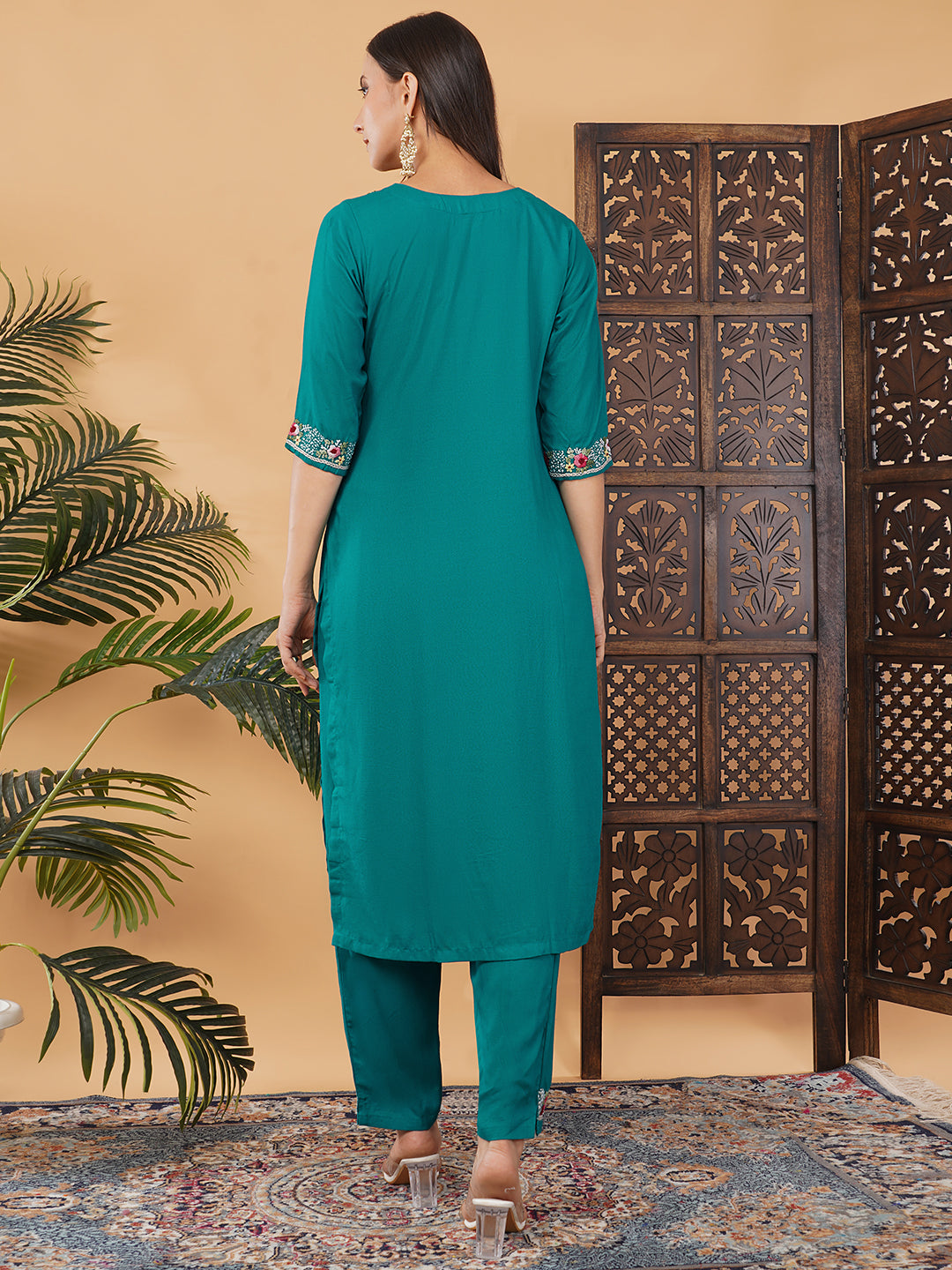 Green Thread Embroidered Kurti Pant Co-ord Set for Women | Ethnic Office & Daily Wear