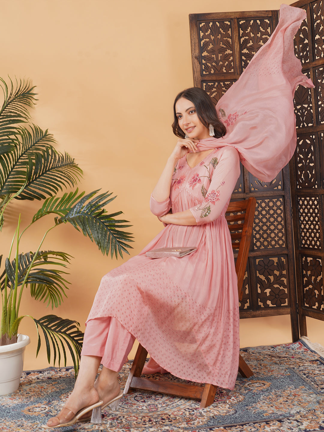 Pink Embroidered Anarkali Kurta Set with Dupatta & Pants | Floral Festive Ethnic Suit